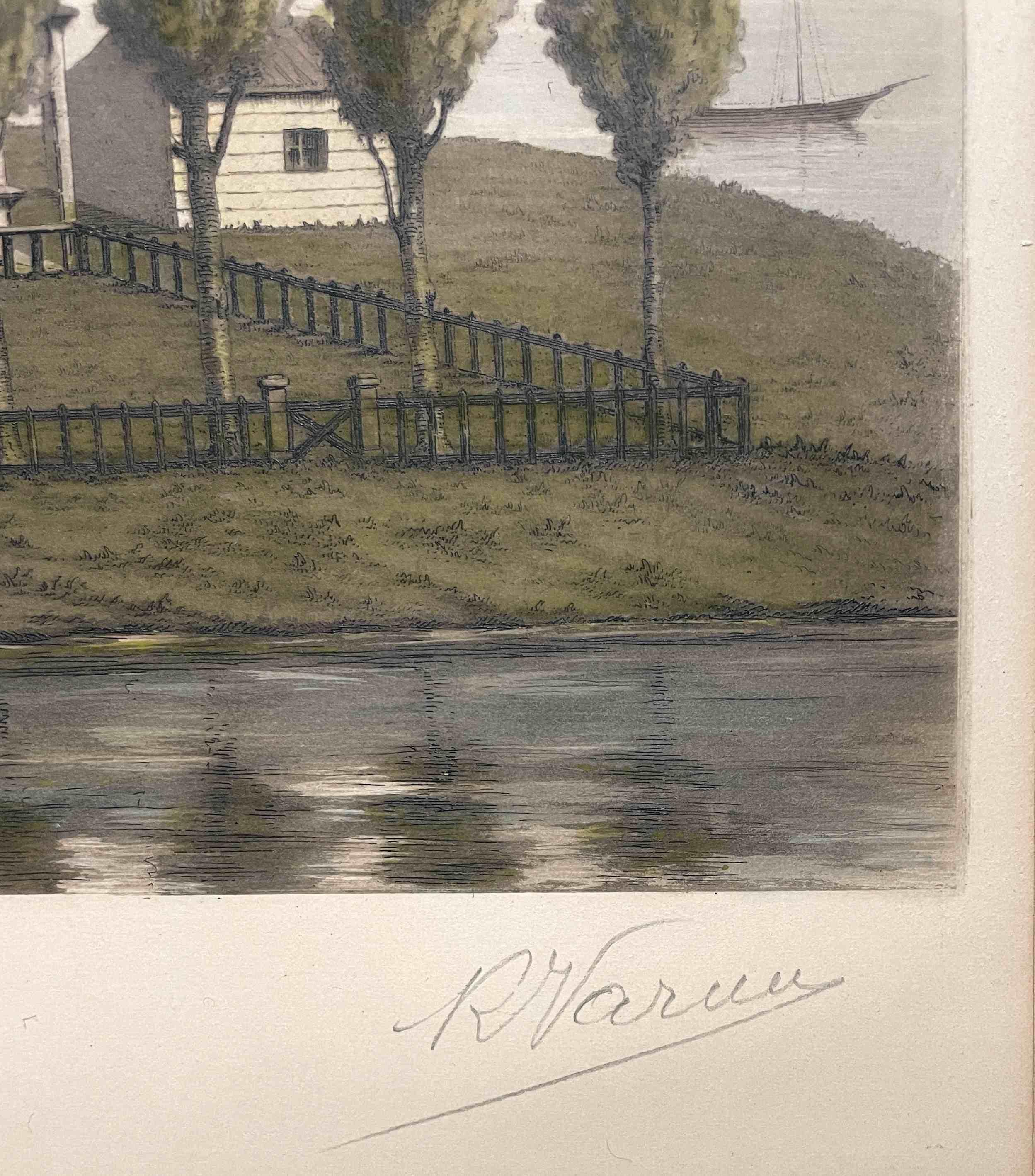Litografía de 1930 de la primera casa construida en Chicago por Raoul Varin en venta 2