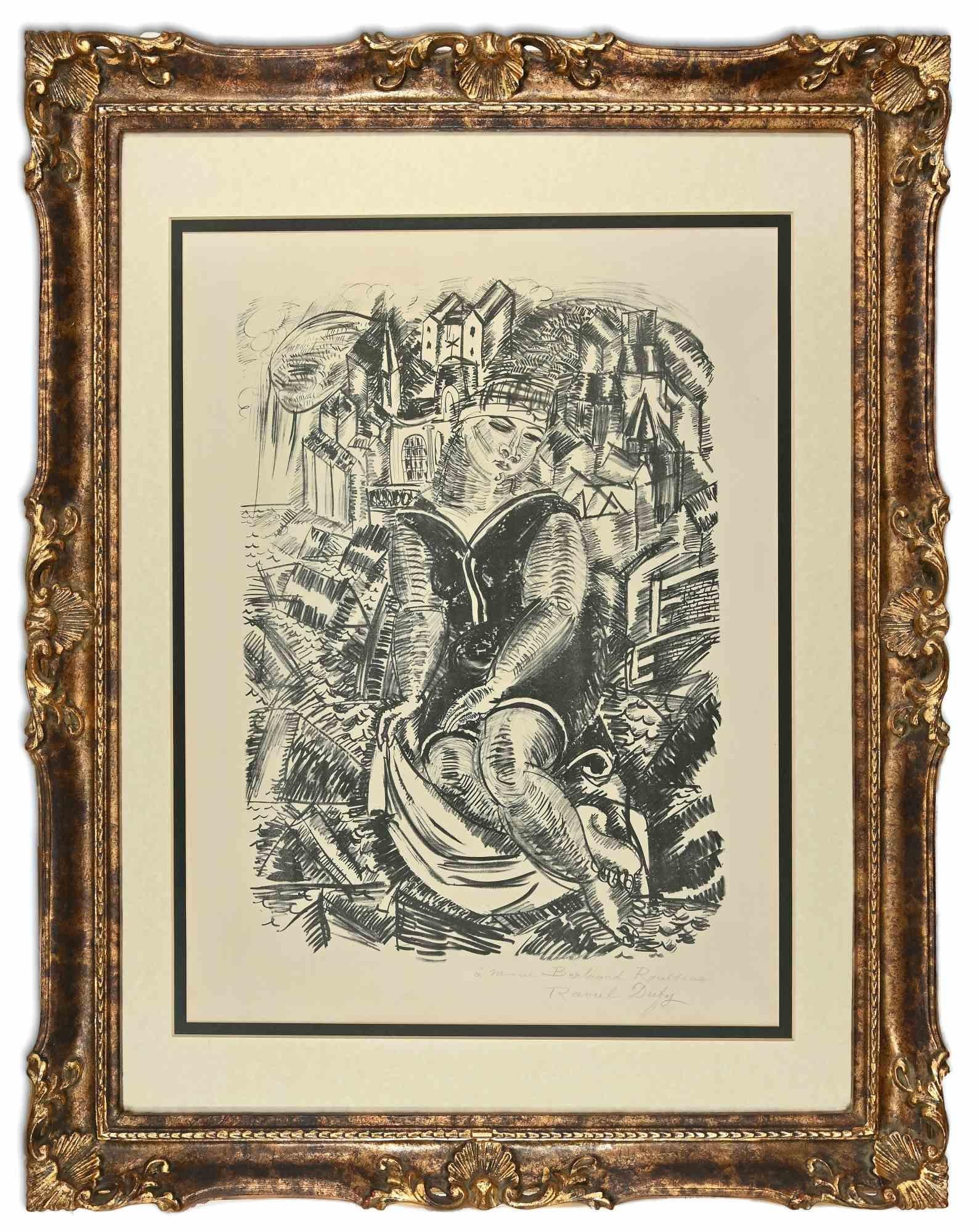 Baigneuse Devant un Port (Sainte-Adresse) is an original moder artwork realized by Raould Dufy in 1920s

Original Lithograph.

Artist's proof, aside from the edition of approximately 50.

Hand Signed in pencil and with an hand-written dedication  on