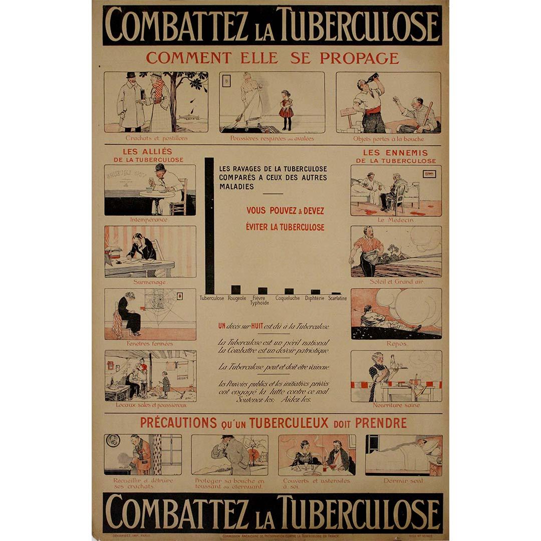 Cette affiche originale du CIRCA datant de 1920, intitulée "Combattez la Tuberculose", représente un moment crucial dans la défense de la santé publique au début du 20e siècle. Au lendemain de la Première Guerre mondiale, la tuberculose a constitué