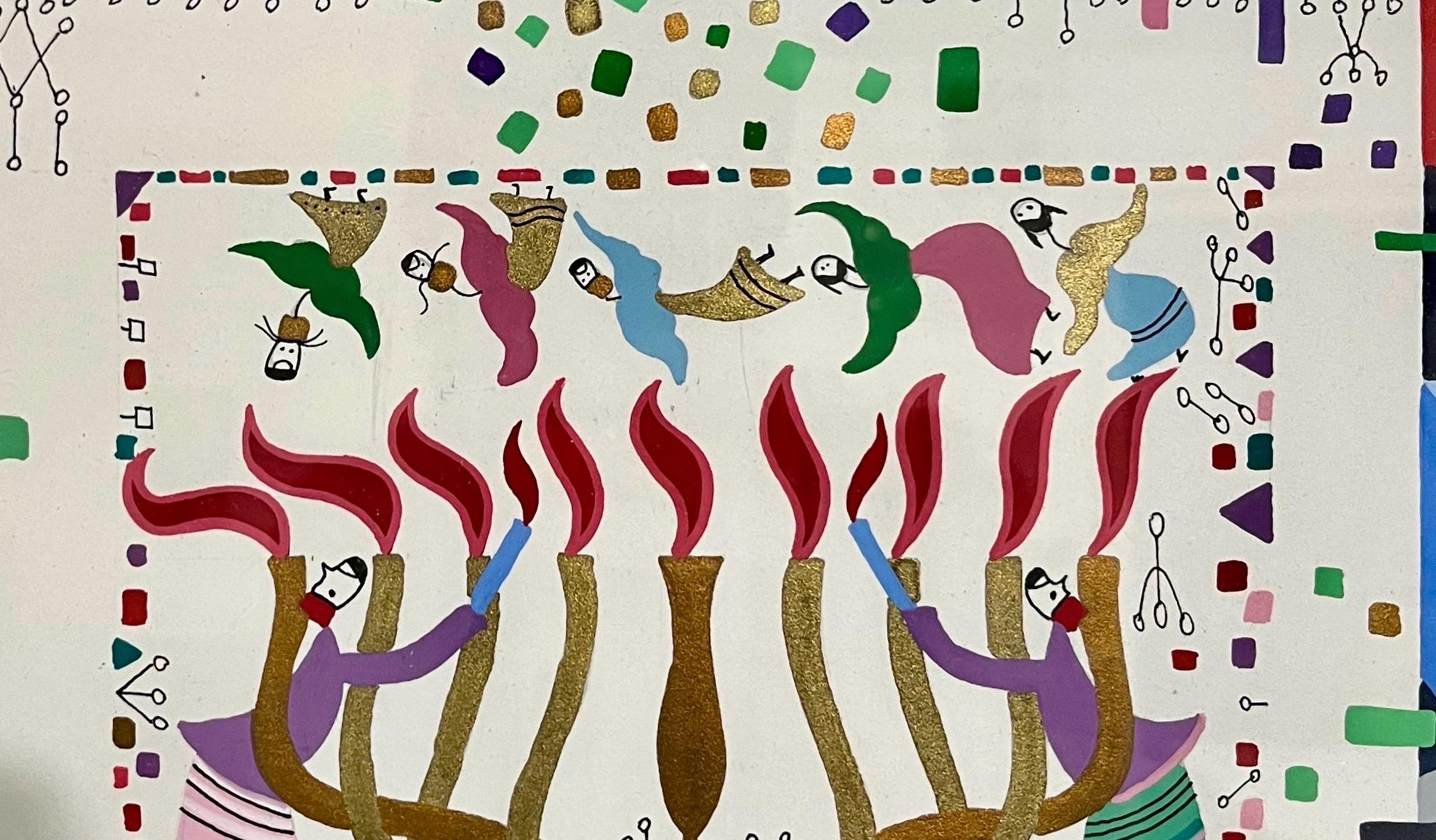Vibrante Judaica Israeliano Hanukkah Sephardic Kabbalah Pittura Raphael Abecassis in vendita 3