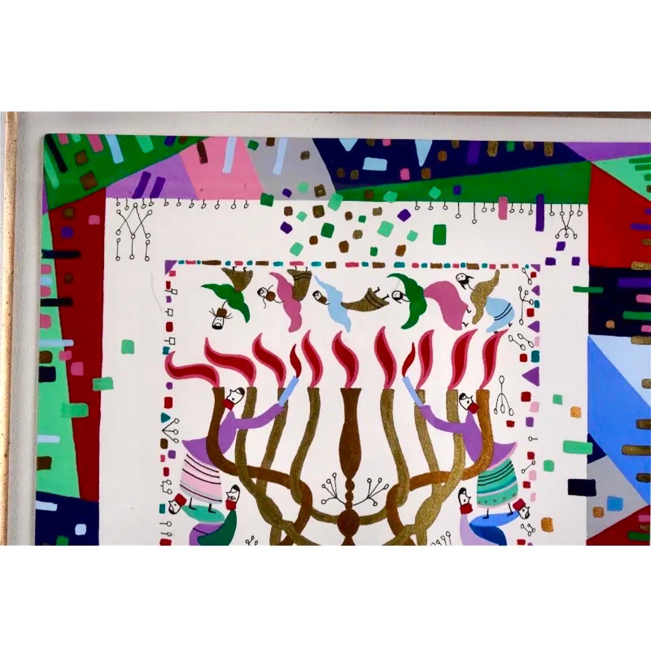 Vibrante Judaica Israeliano Hanukkah Sephardic Kabbalah Pittura Raphael Abecassis in vendita 8