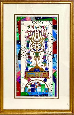 Vibrant Judaica Israeli Hanukkah Sephardic Kabbalah Painting Raphael Abecassis