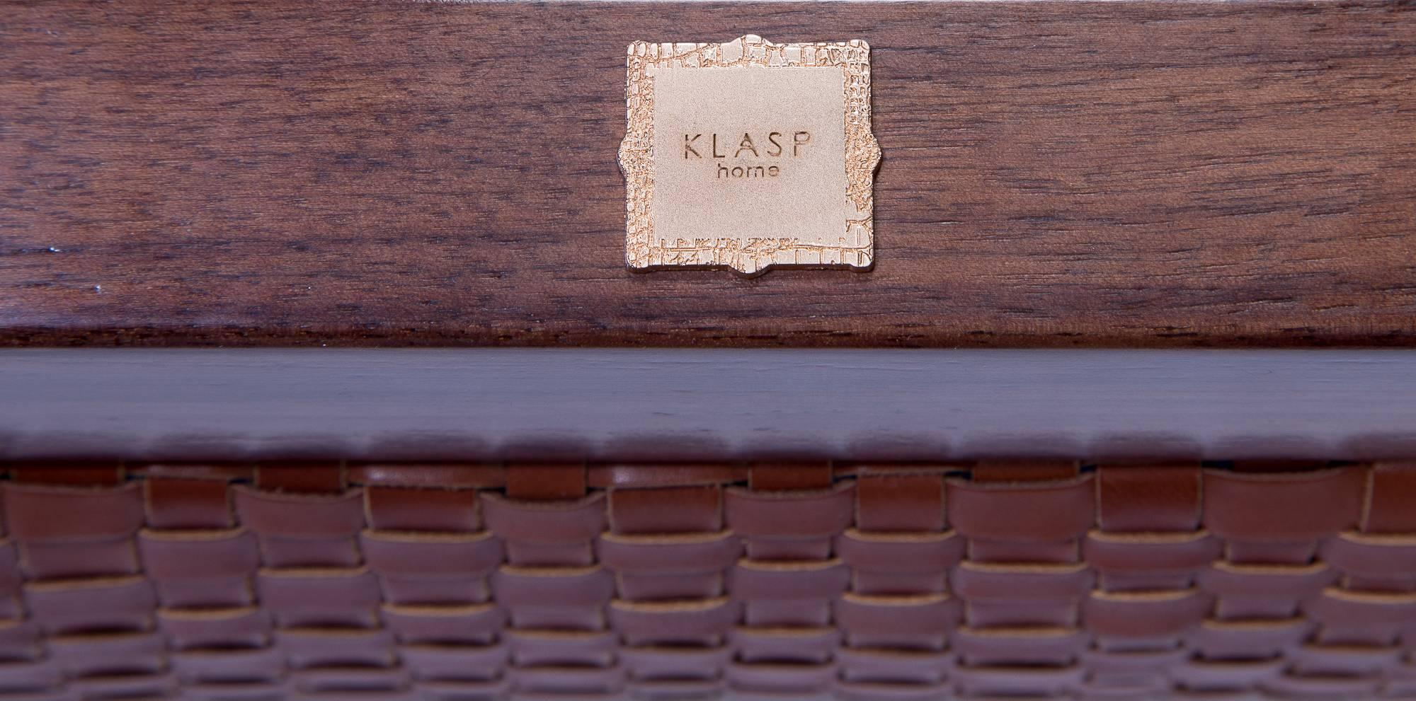 Stained Raphael Bench with Mid-Century Modern Style Walnut Frame & Basket weave Leather