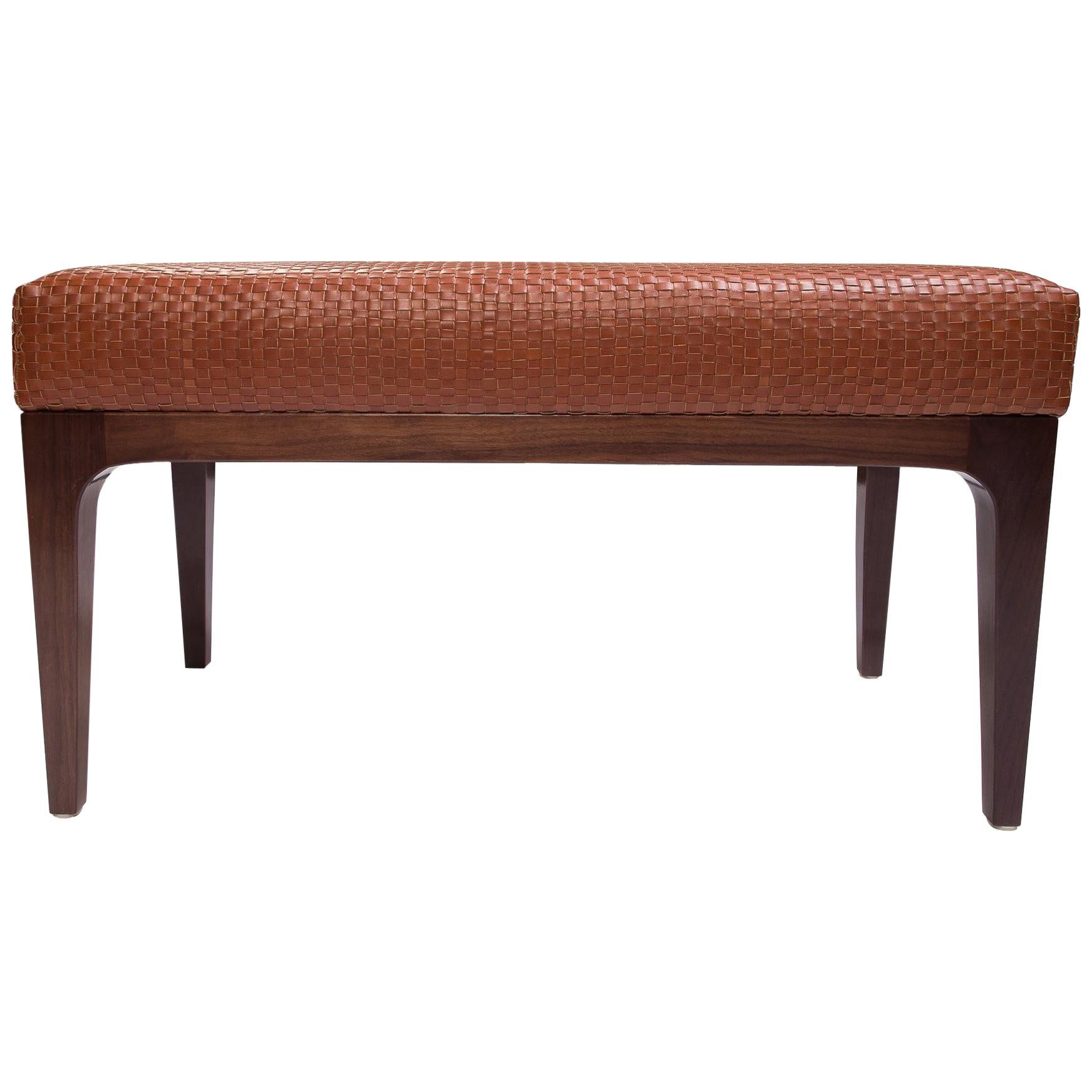 Raphael Bench with Mid-Century Modern Style Walnut Frame & Basket weave Leather