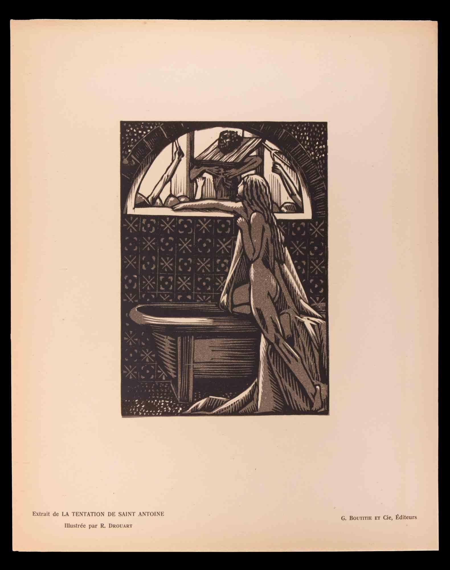 Raphael Drouart Figurative Print - The Temptation of Saint - Original Woodcut print by R. Drouart - 20th Century