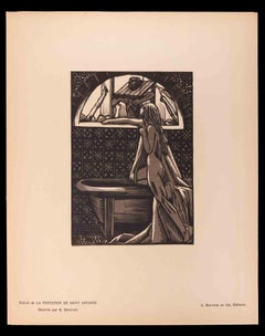 Antique The Temptation of Saint - Original Woodcut print by R. Drouart - 20th Century
