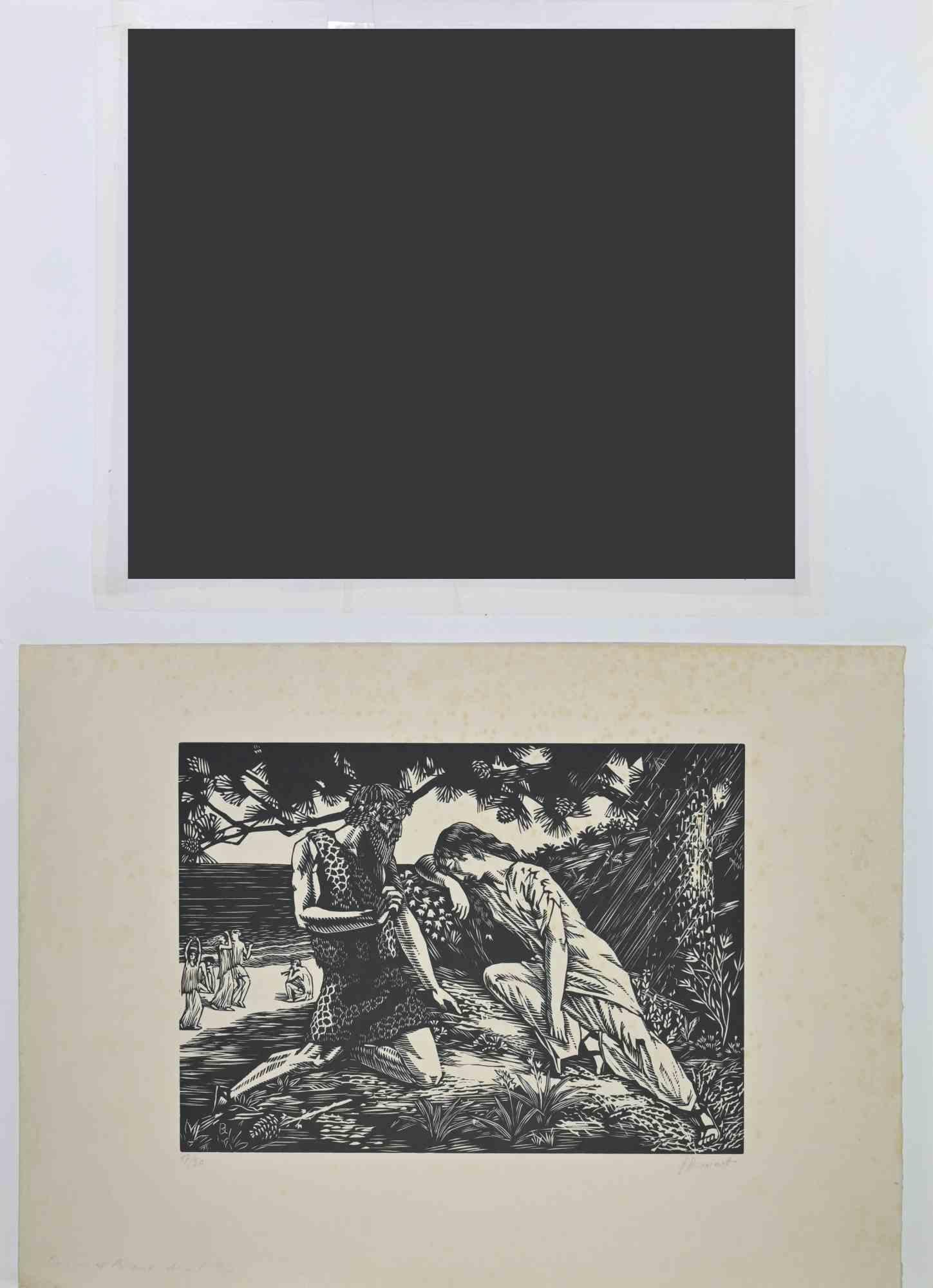 The Beach -  Woodcut by Raphael Drouart - Mid-20th Century For Sale 1