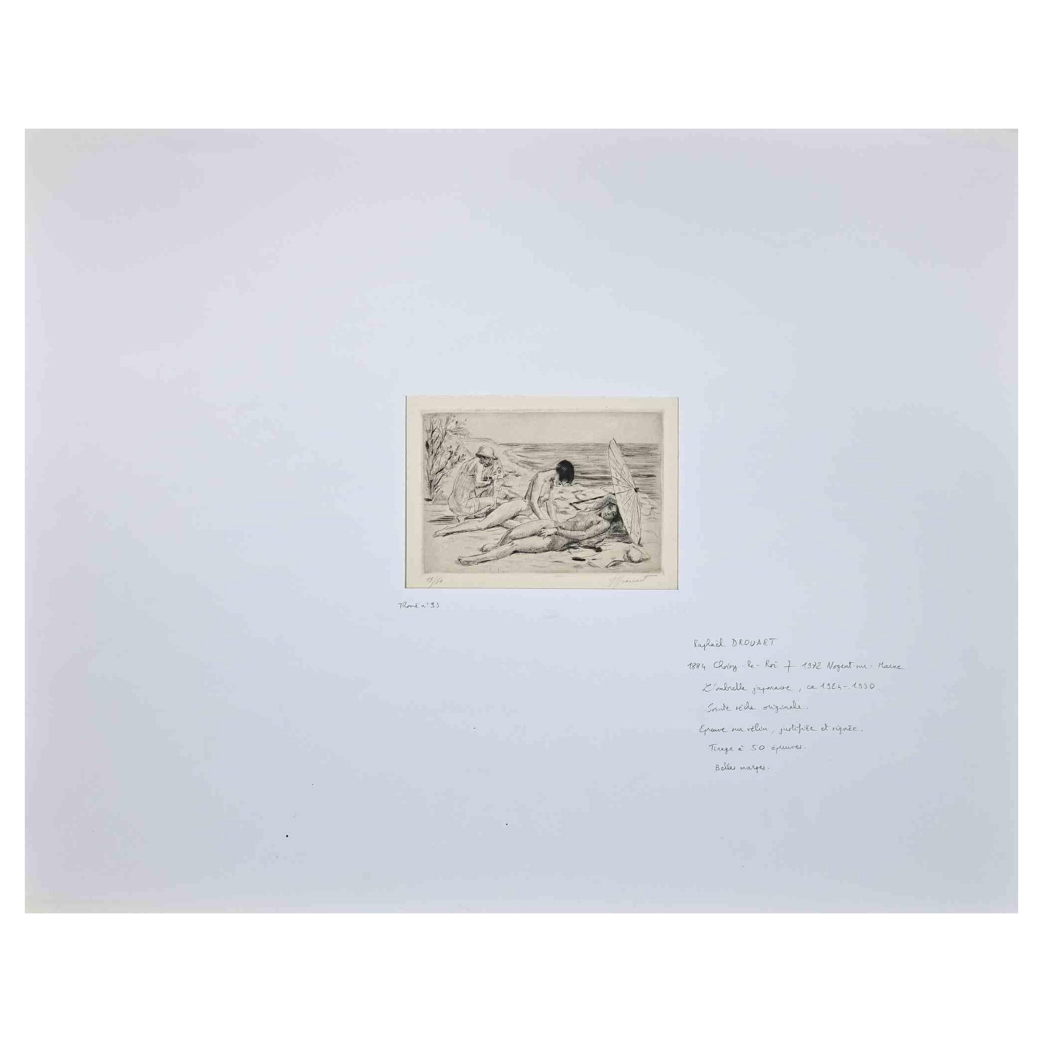 Le Parapluie japonais est une Gravure et pointe sèche originale réalisée par Raphael Drouart (1884-1972).

En bon état, il est accompagné d'un passe-partout en carton blanc (50x63,5 cm).

Signé à la main et numéroté par l'artiste dans la marge