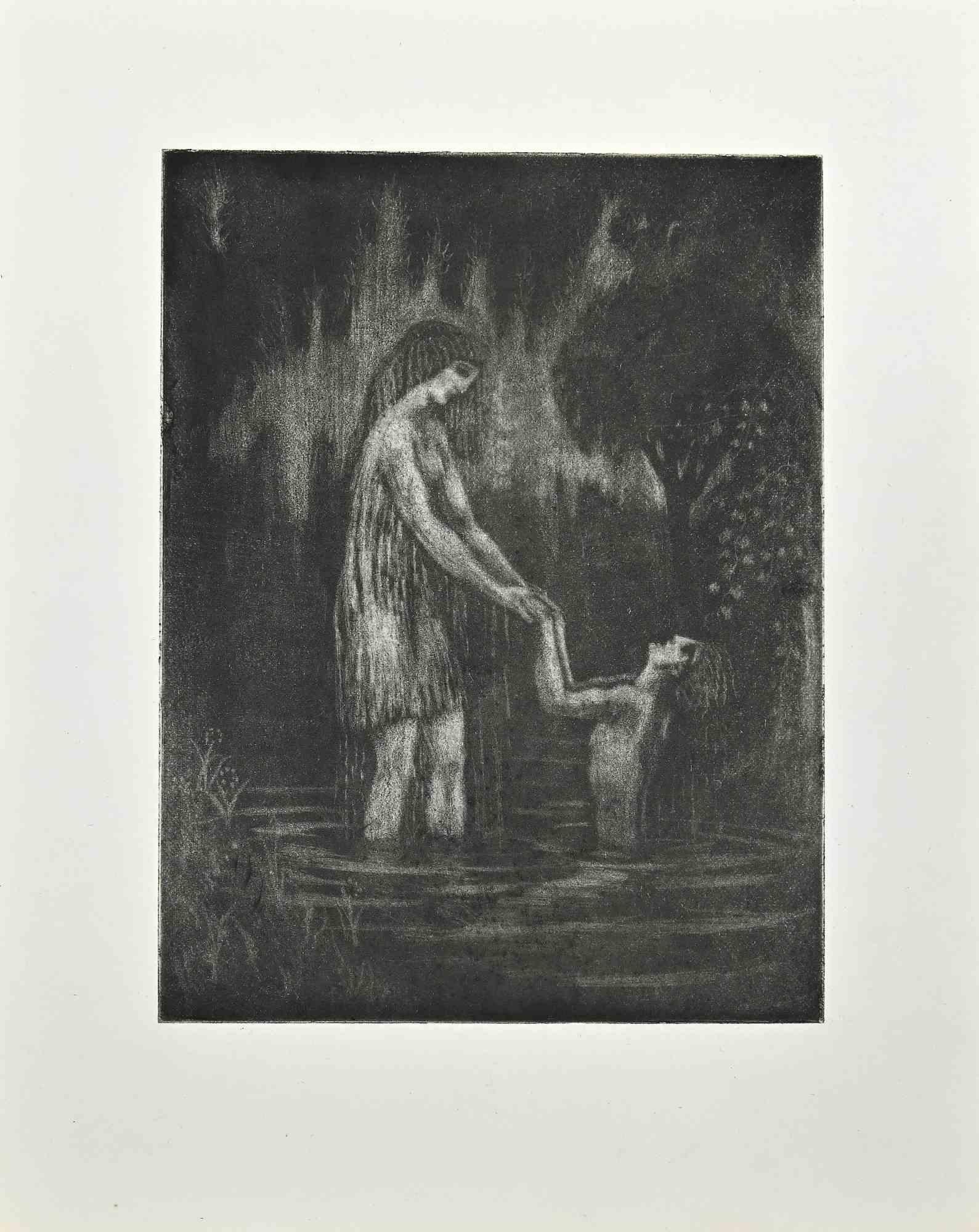 Le Bain Shandy est une gravure originale réalisée au début du 20e siècle par Raphael Drouart (1884-1972).

L'œuvre d'art est en bon état.

L'œuvre représente une scène mystique poétique par la maîtrise, l'harmonie de la Nature et de l'humain dans