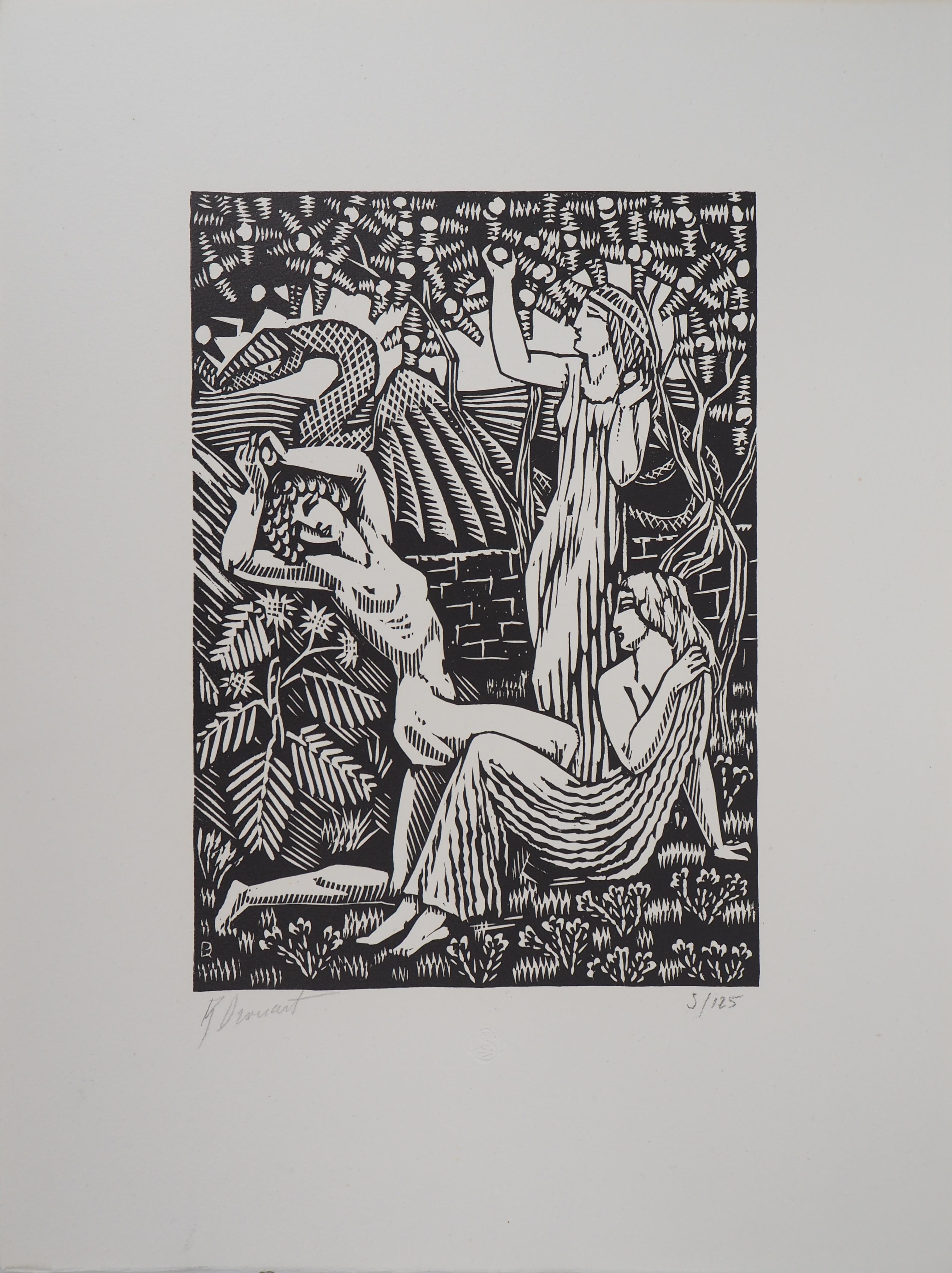 Raphaël DROUART
Mythology : The Hesperides Nymphs, 1921

Original woodcut
Handsigned in pencil
Numbered /125
On vellum 32.5 x 25 cm (c. 12,7 x 9,5 in)

Edited for the 'Imagier de la Gravure sur Bois' (5th year) and bears the blind stamp of the
