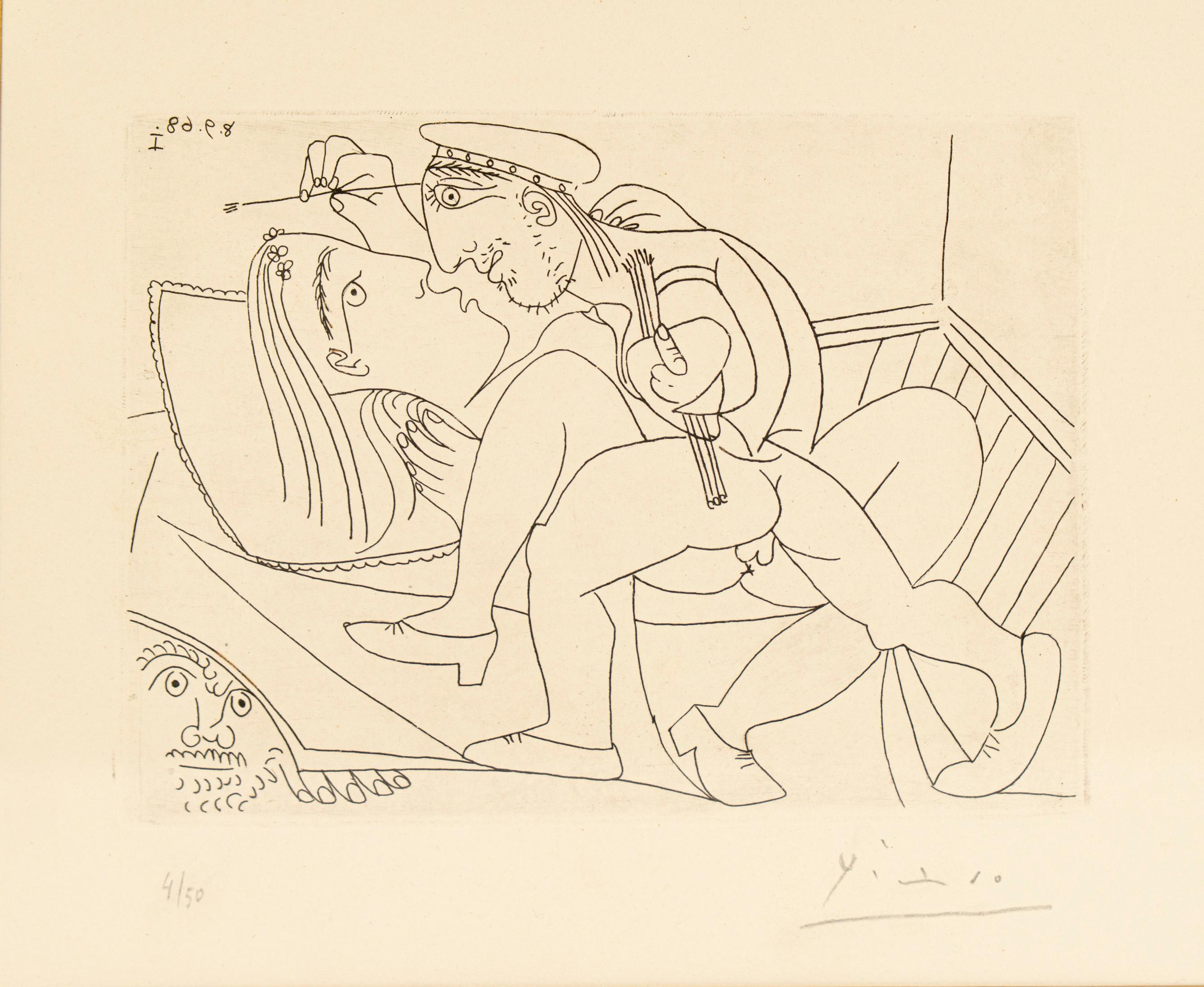 Raphaël et la Fornarina XXI: Michel-Ange est caché sous le lit (Raphael und die Fornarina XXI: Michelangelo ist unter dem Bett versteckt), ist ein seltenes handsigniertes Werk des legendären Künstlers Pablo Picasso aus dem Jahr 1968. Es handelt sich