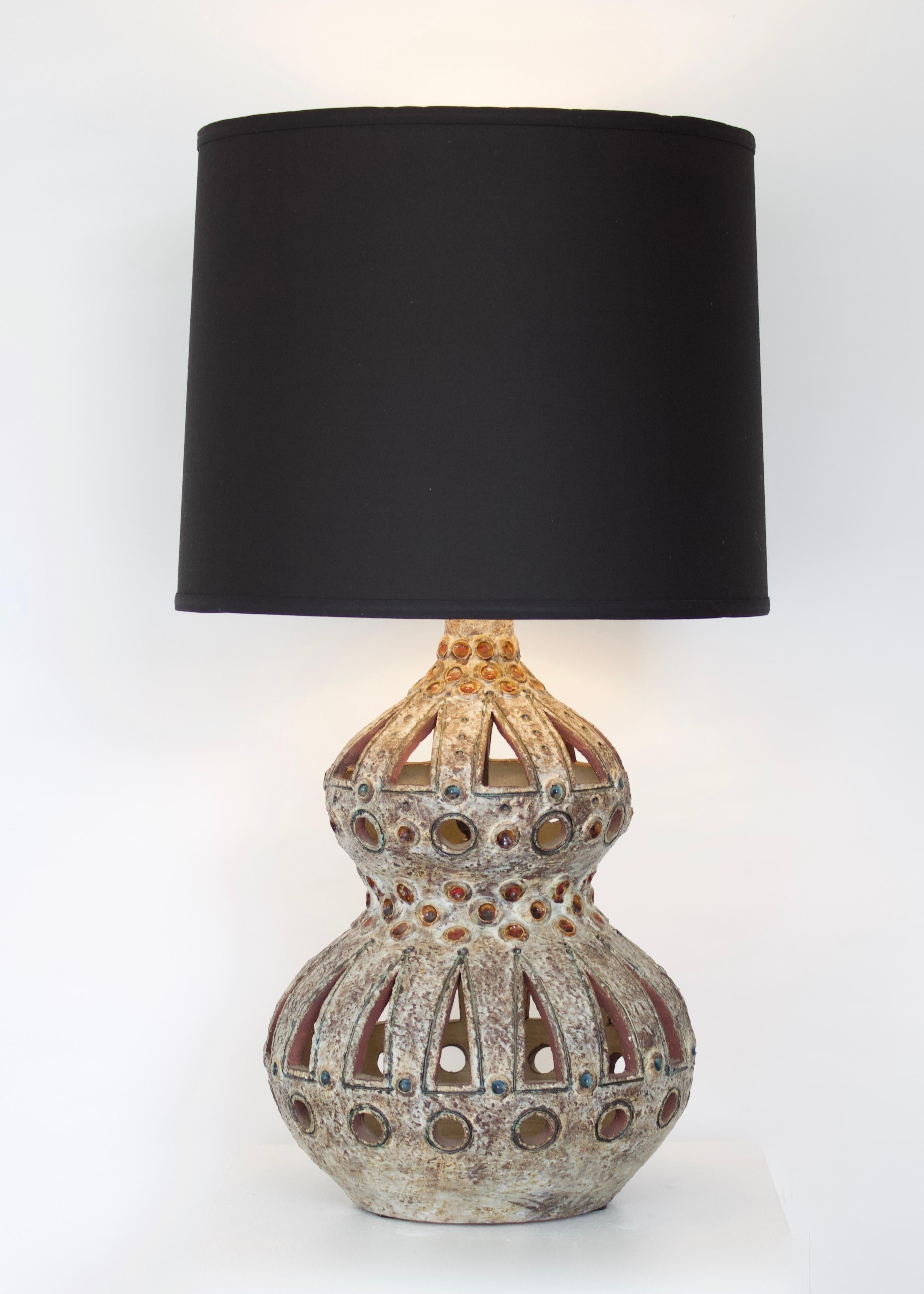 Mid-Century Modern Raphaël Giarrusso French Pierced and Glazed Ceramic Table Lamp For Sale