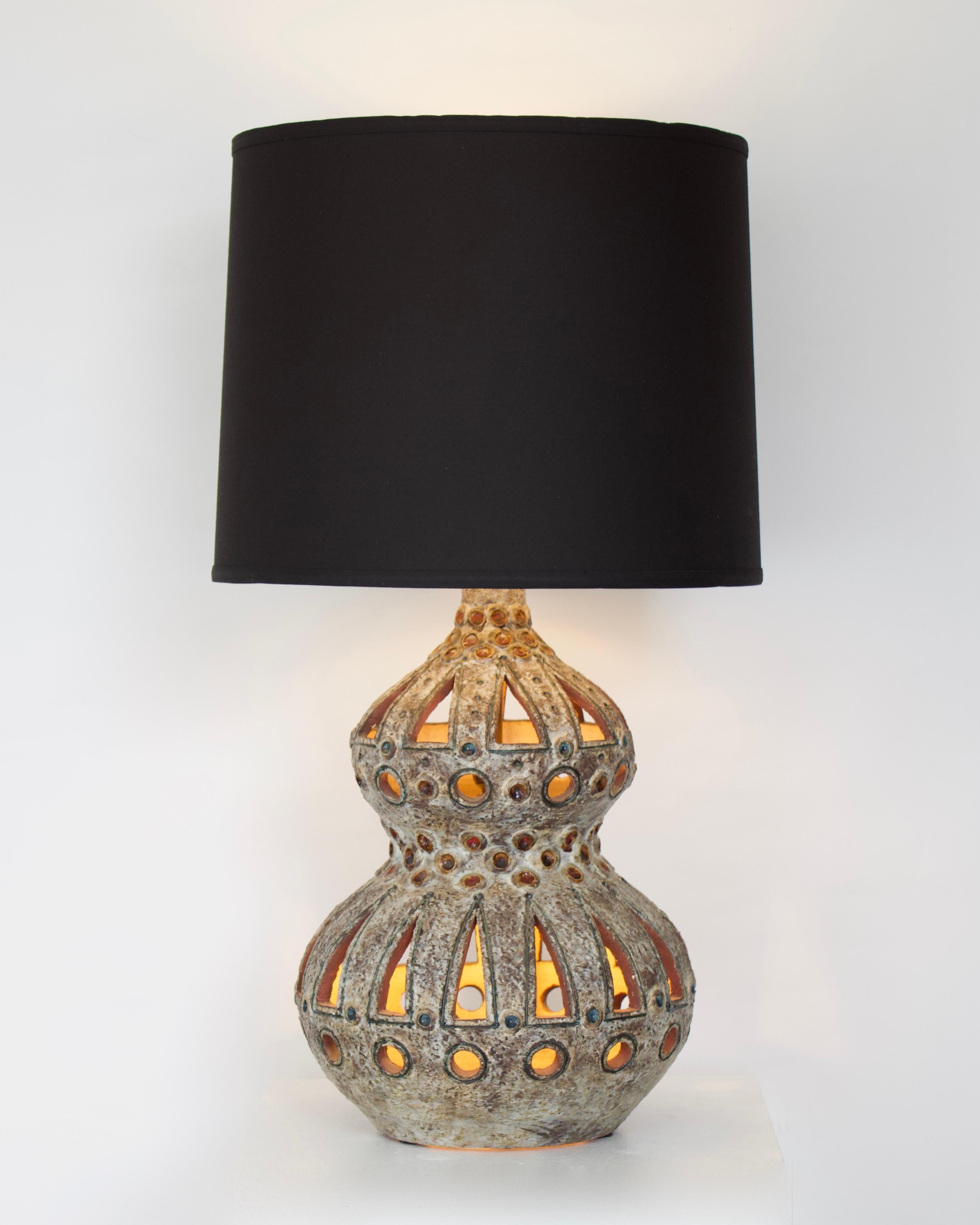 Mid-Century Modern Raphaël Giarrusso French Pierced and Glazed Ceramic Table Lamp For Sale