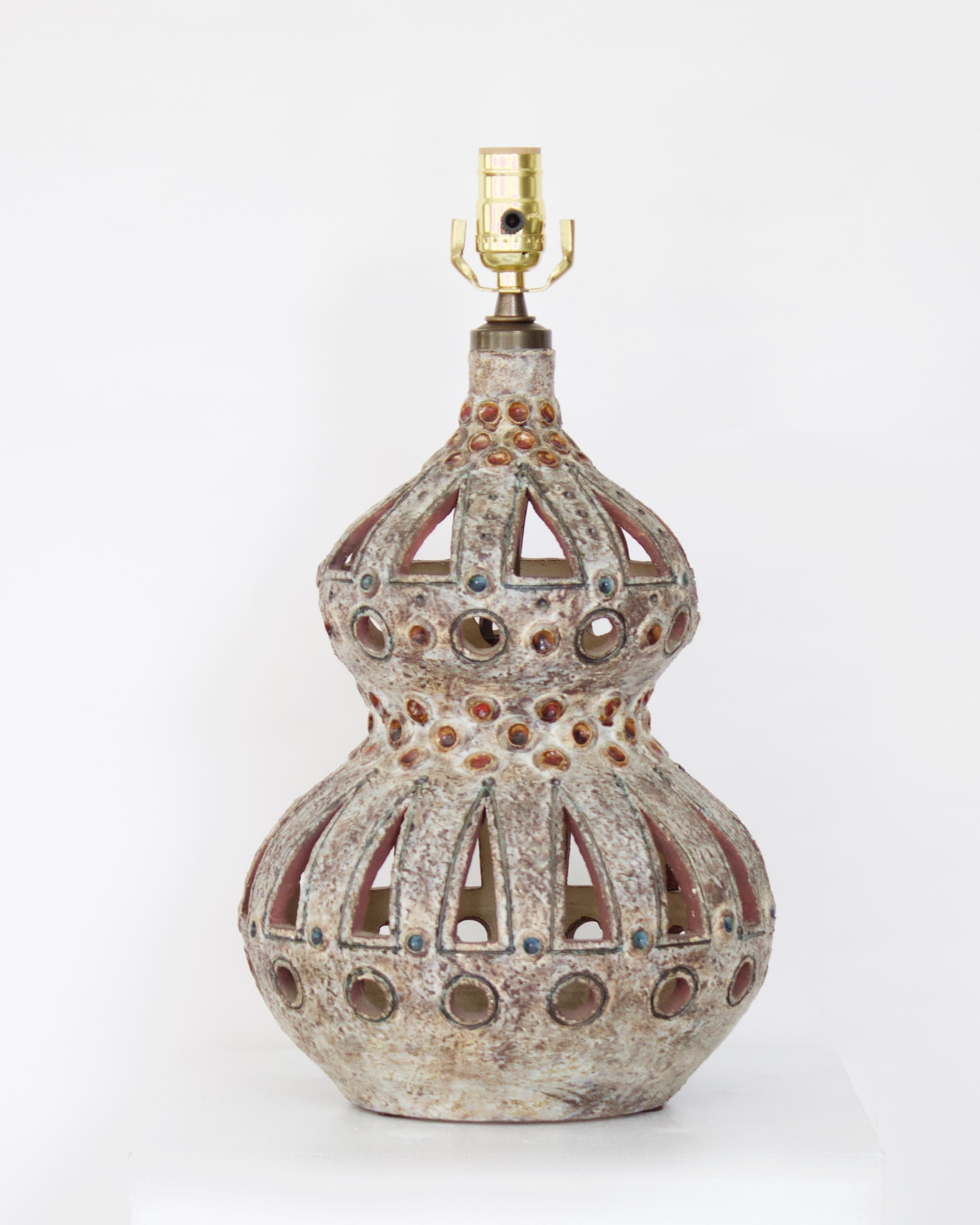 Mid-20th Century Raphaël Giarrusso French Pierced and Glazed Ceramic Table Lamp For Sale