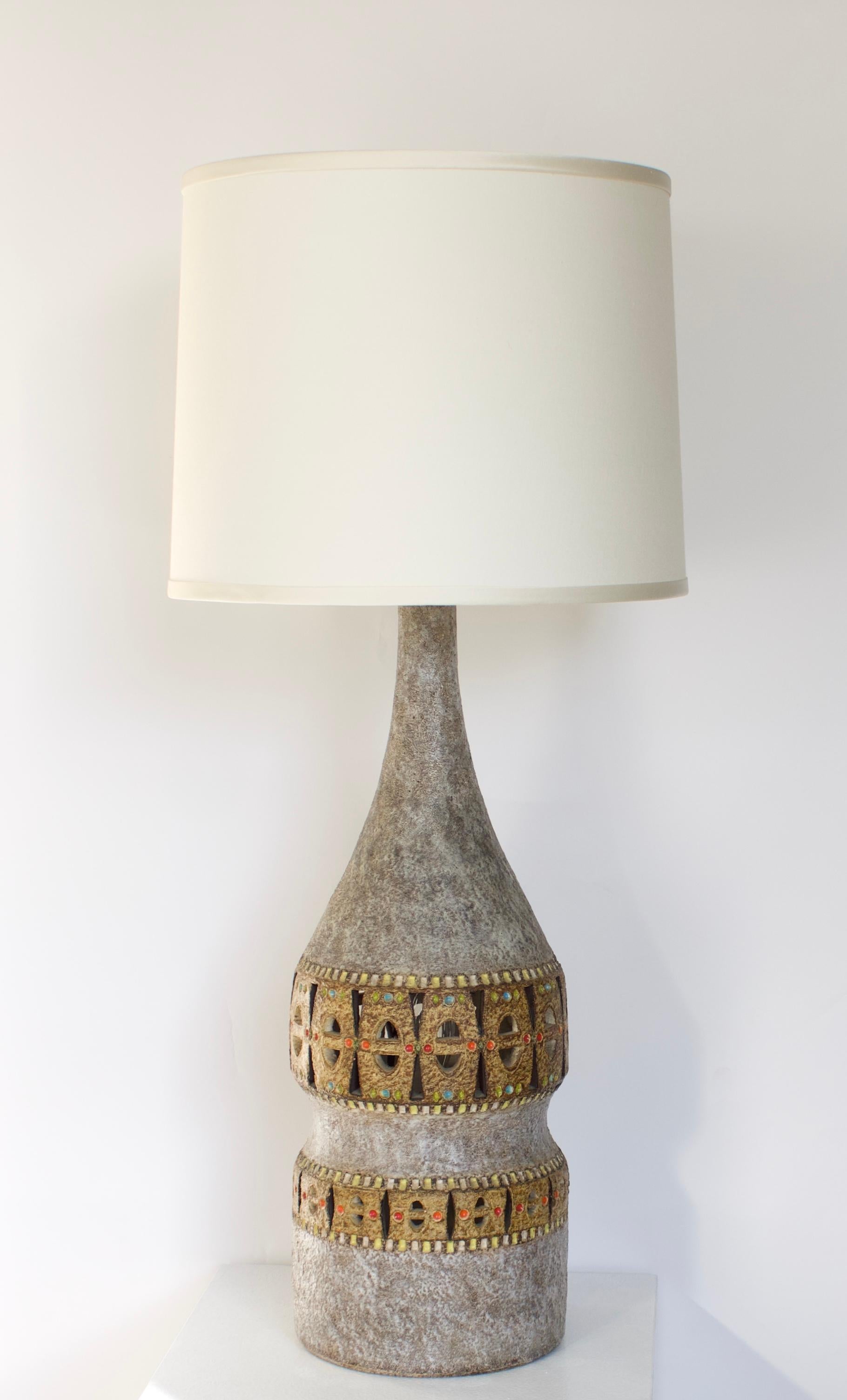 Mid-Century Modern Raphael Giarrusso Peirced French Ceramic Table Lamp Accolay, circa 1967 For Sale