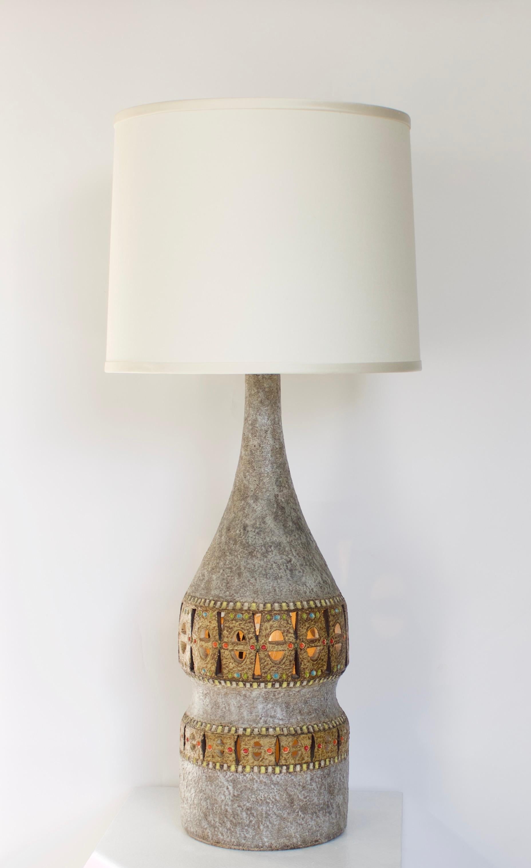 Mid-20th Century Raphael Giarrusso Peirced French Ceramic Table Lamp Accolay, circa 1967 For Sale
