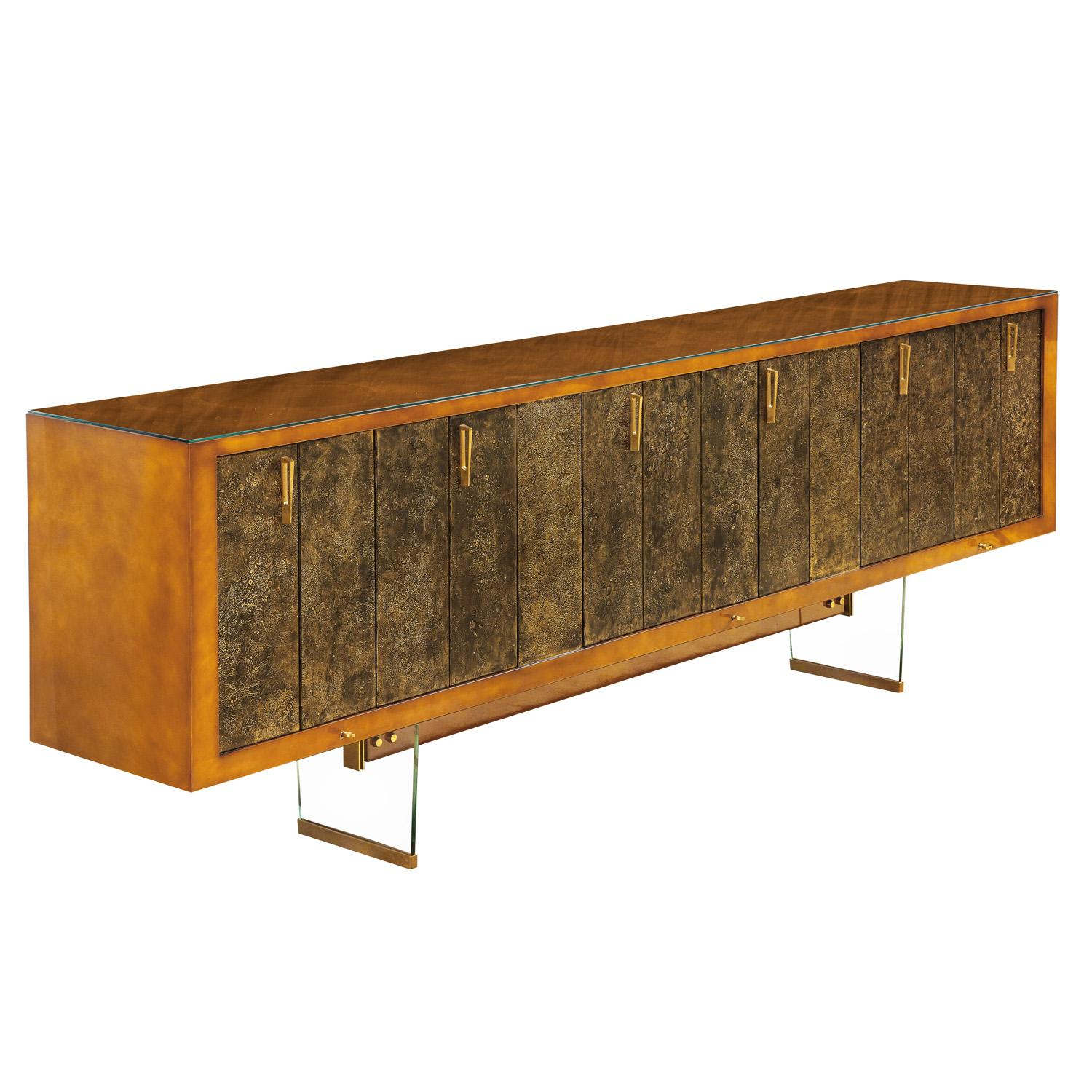 Rare and important long credenza, case with parchment color lacquer and accordion doors in unique volcanic Beka lacquer in a bronze finish with chic brass pulls on glass bases with brass sabots, by Raphael (Raphael Raffel), France 1960s. Keys at