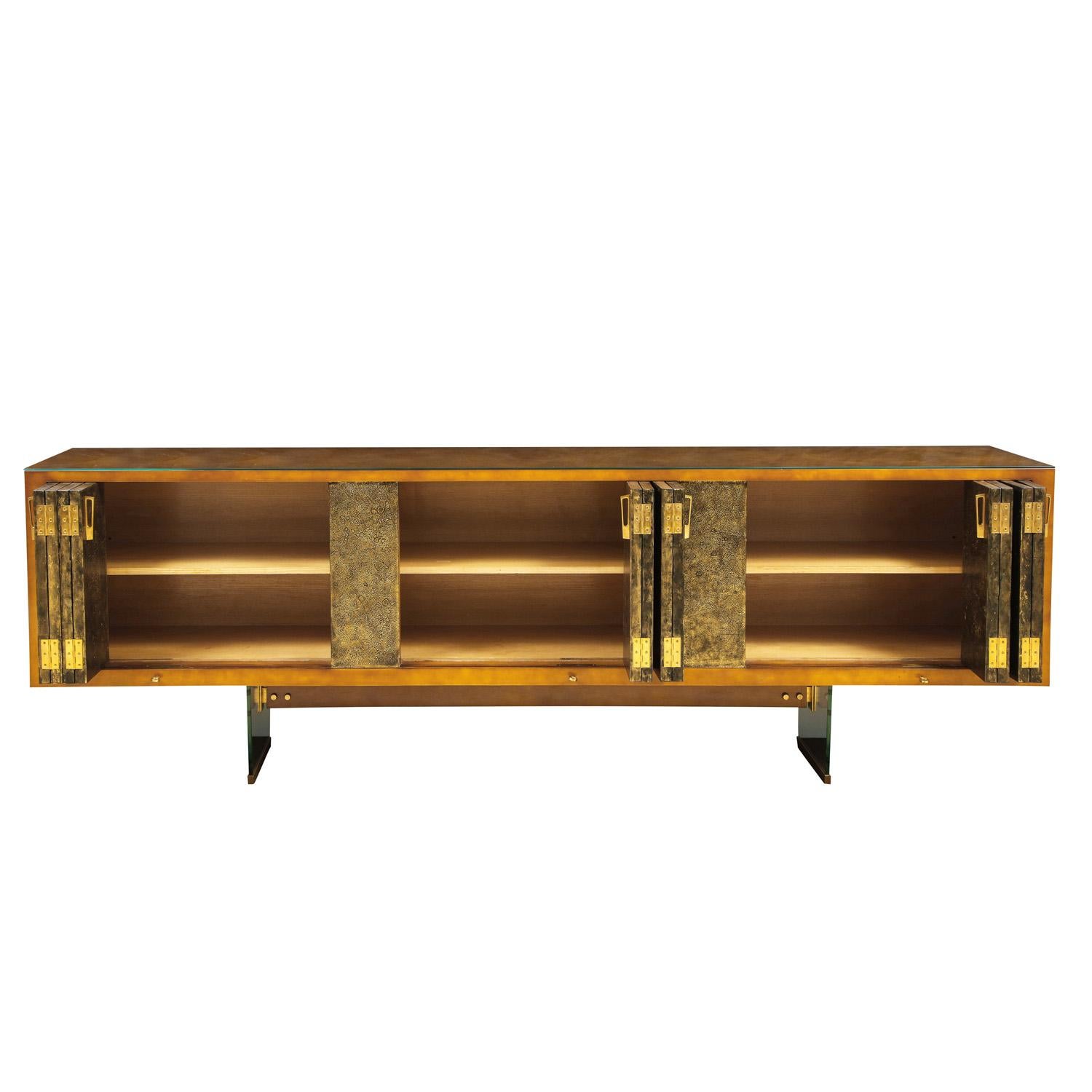 Mid-Century Modern Raphael Important Lacquered Credenza with Textured Bronze Doors 1960s