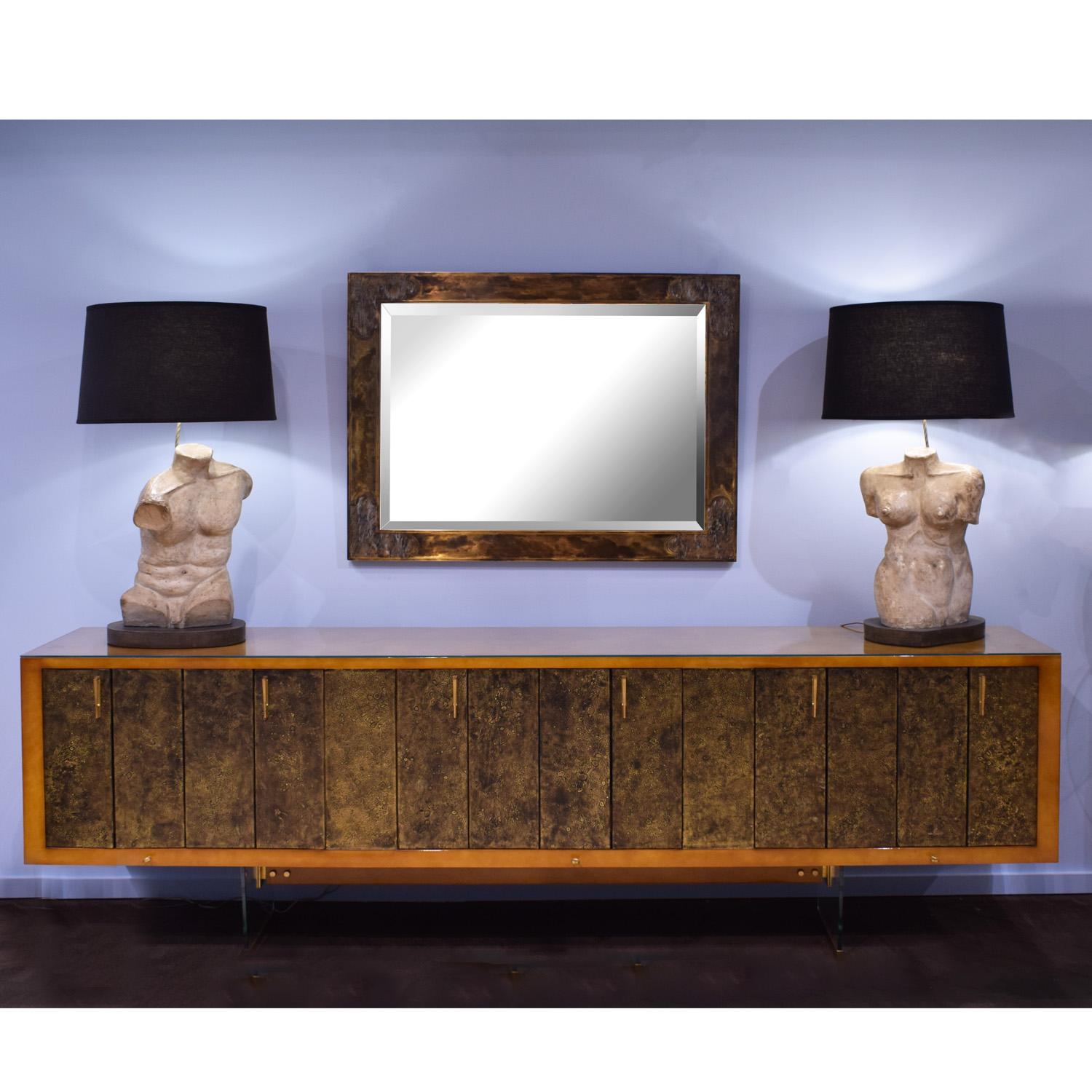 Mid-20th Century Raphael Important Lacquered Credenza with Textured Bronze Doors 1960s