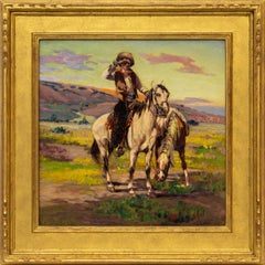 20th Century Oil Painting Portrait of Cowboy with Horses in Western Landscape