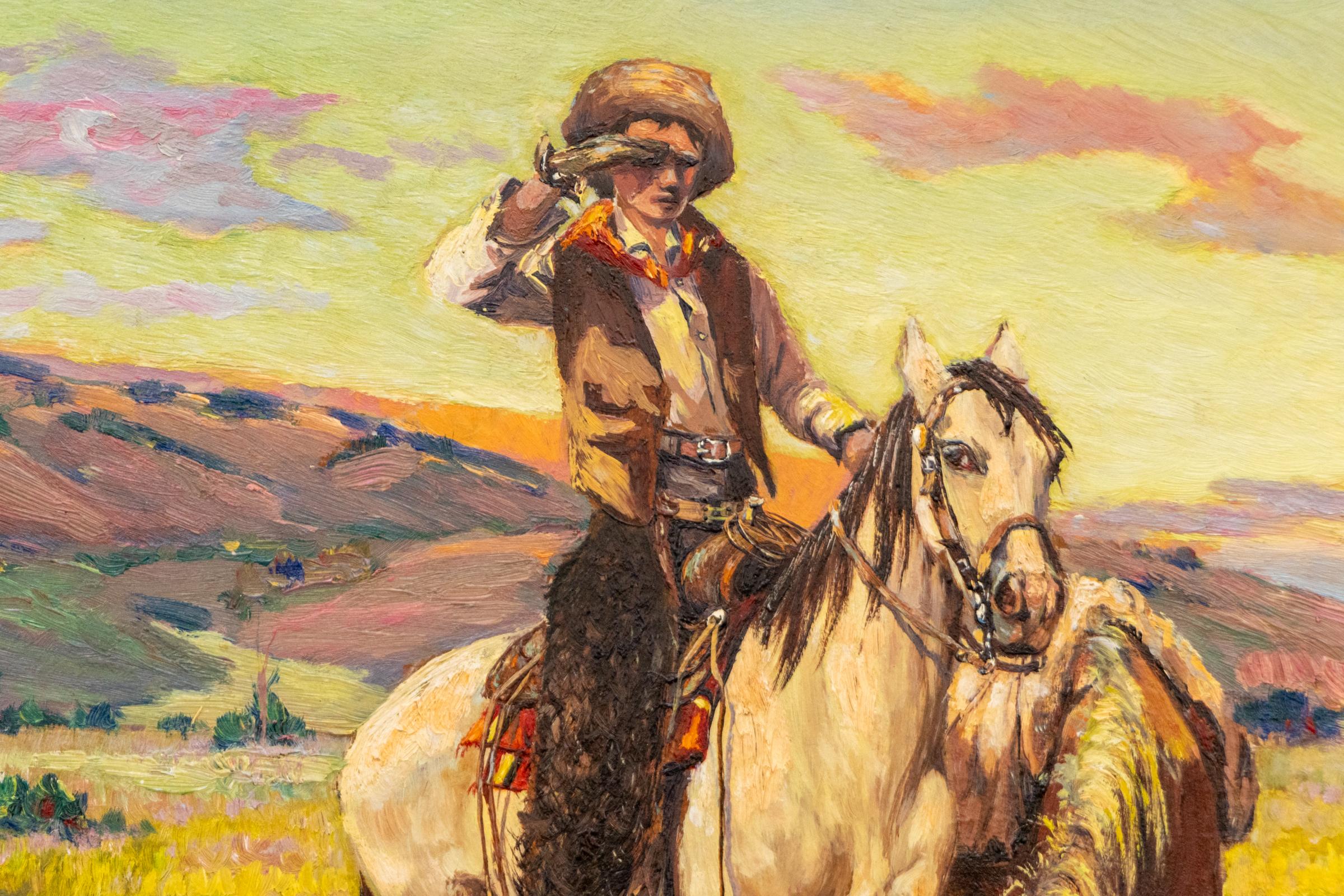 20th Century Oil Painting Portrait of Cowboy with Horses in Western Landscape 1