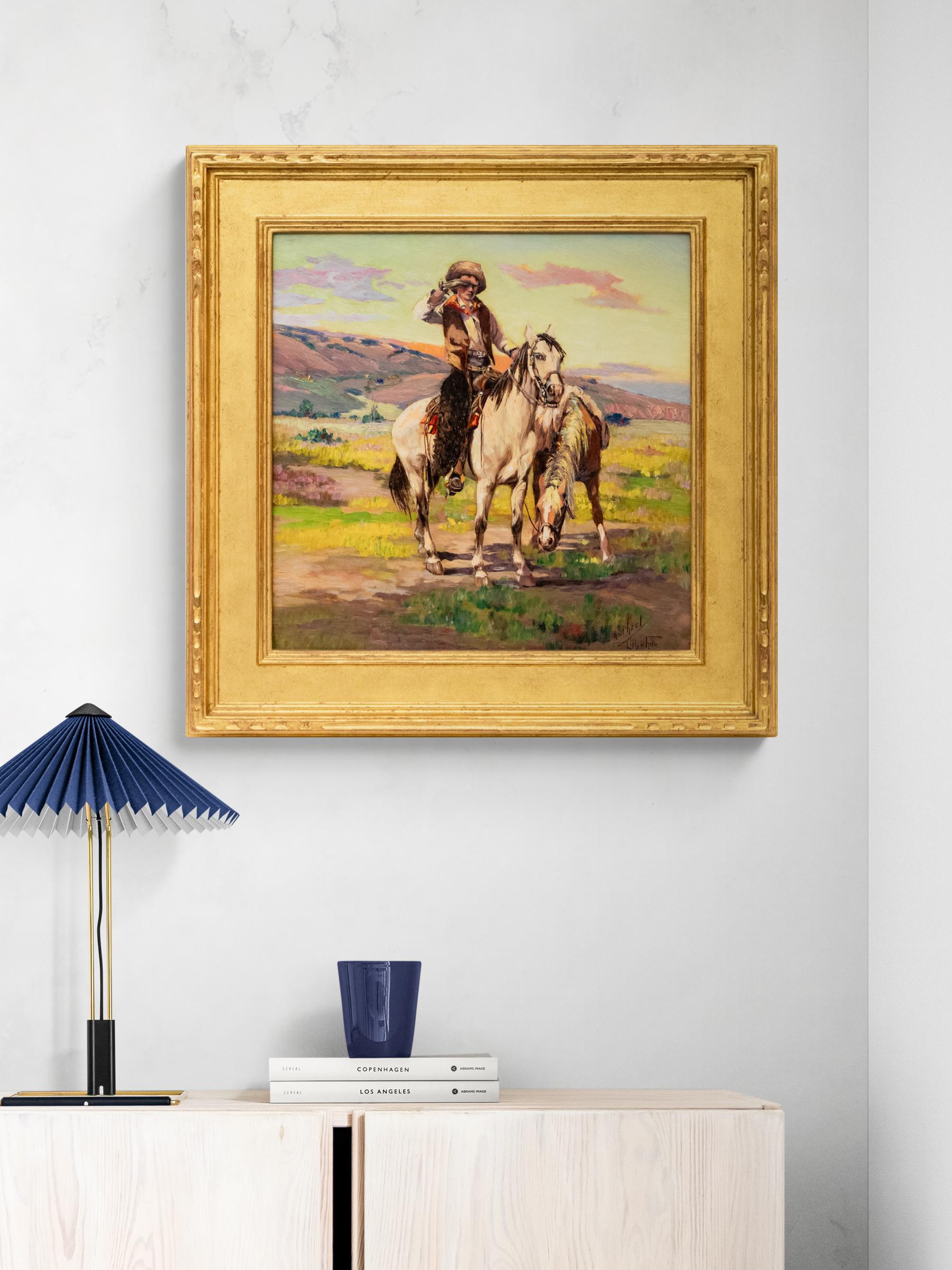 20th Century Oil Painting Portrait of Cowboy with Horses in Western Landscape 3