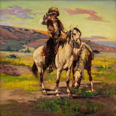 20th Century Oil Painting Portrait of Cowboy with Horses in Western Landscape