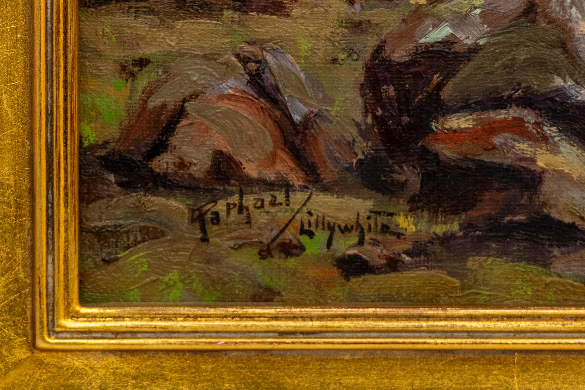 Este impresionante paisaje otoñal de montaña, obra del renombrado artista Raphael Lillywhite, capta la impresionante belleza del escarpado terreno de Colorado. Pintada en el tradicional estilo plein air, la obra presenta una armoniosa mezcla de