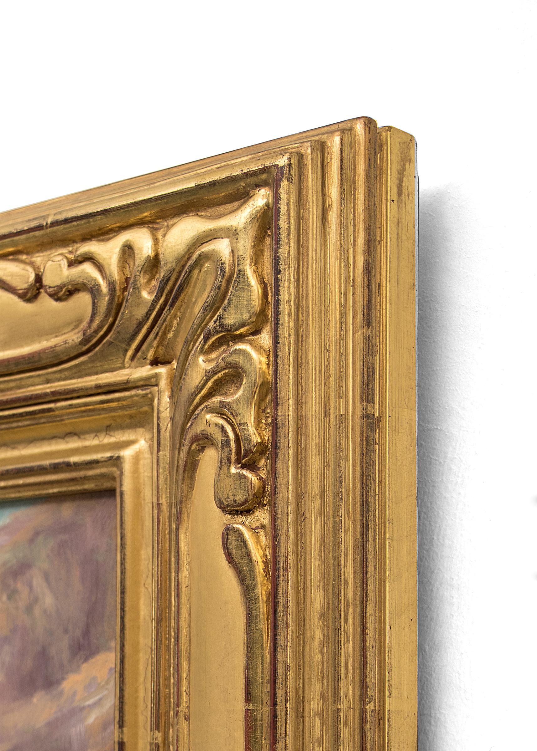 Original landscape painting by Raphael Lillywhite of a mountain lake in Autumn. Presented in a custom hand-carved gold leaf frame, outer dimensions measure 23 ¼ x 20 x 1 ¾. Image size is 15 ½ x 12 ⅜.

Raphael Lillywhite was born in Woodruff Arizona