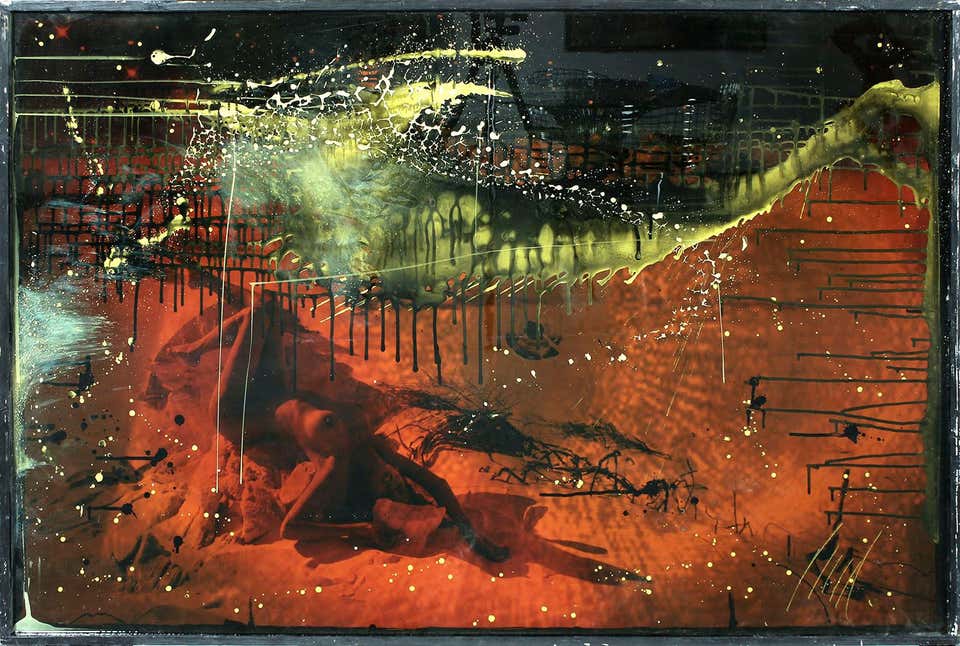 "Closing In" archival print, oil paint and mixed media encased in resin