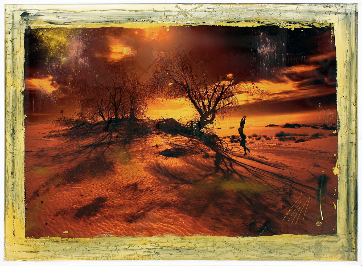 "Fire" archival print, oil paint and mixed media encased in resin by Mazzucco
