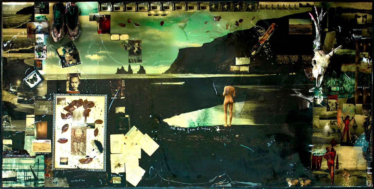"Forbidden" C-print, oil paint, mixed media (including photographs, slippers, a skull, leaves, spools of thread, a butterfly and feathers) and resin artwork by Raphael Mazzucco. 
