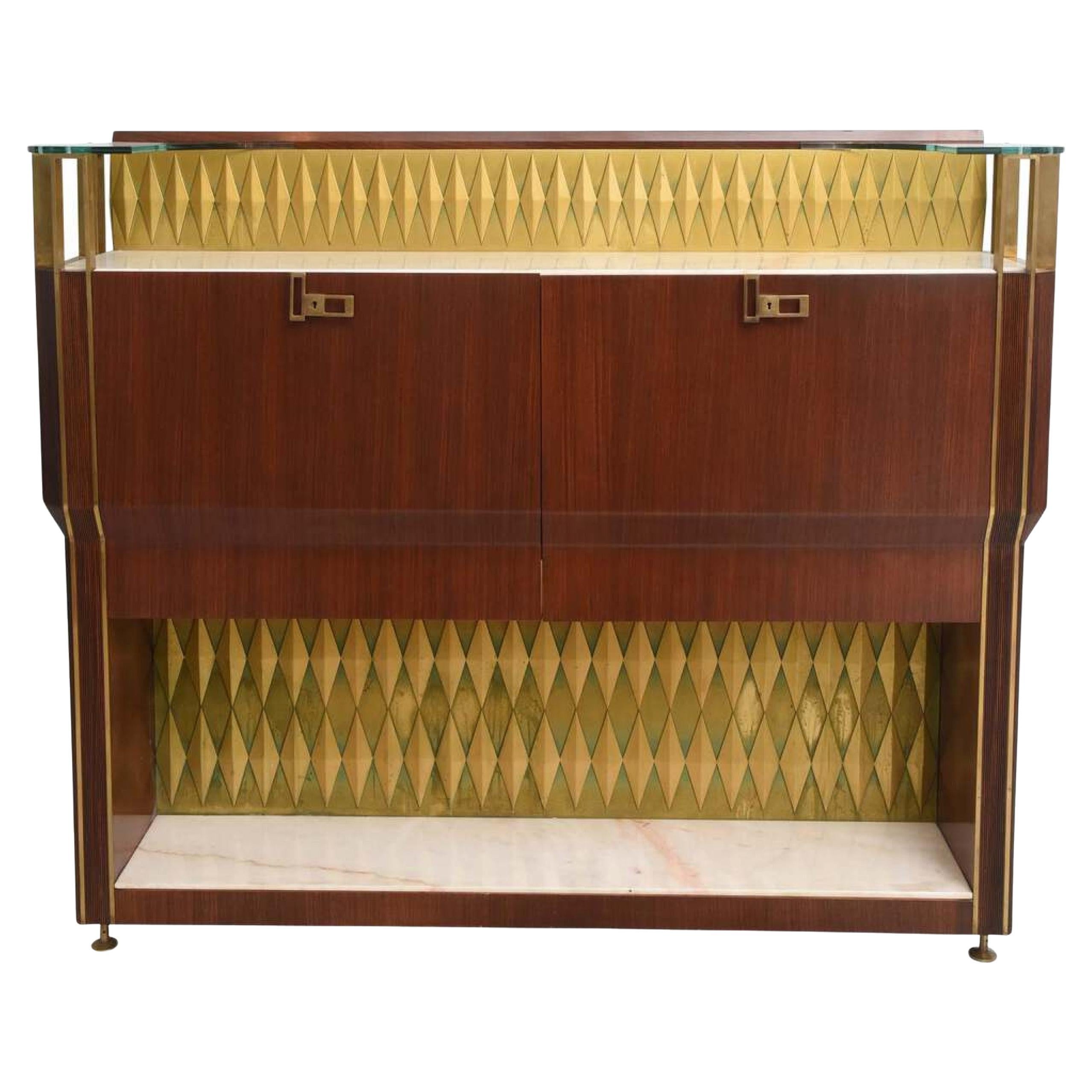 Raphael Midcentury French Modern Mahogany, Bronze and Brass Bar Cabinet For Sale