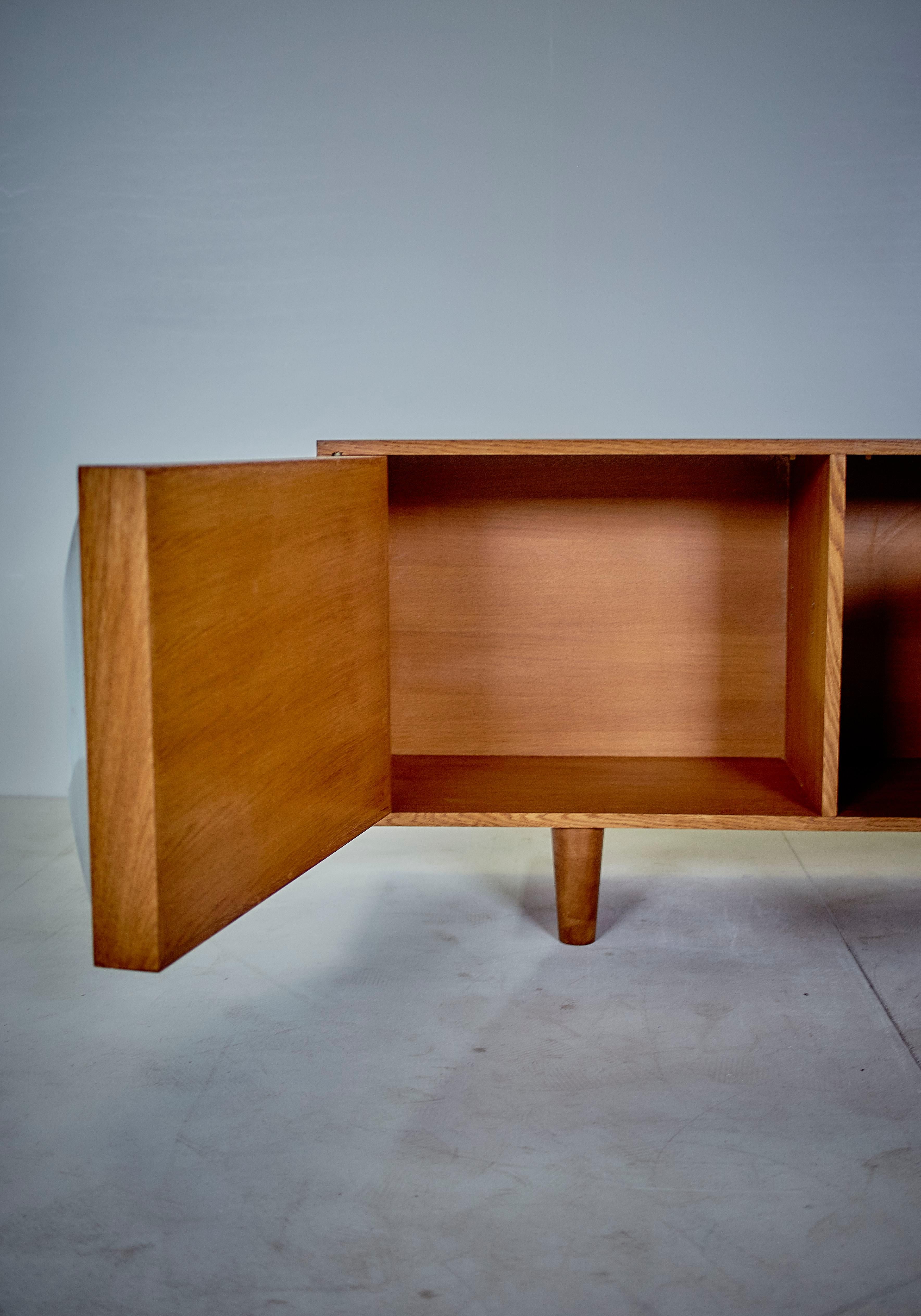Raphaël (Attr.) Midcentury Steel and Oak French Credenzas and Decorative Panels For Sale 5