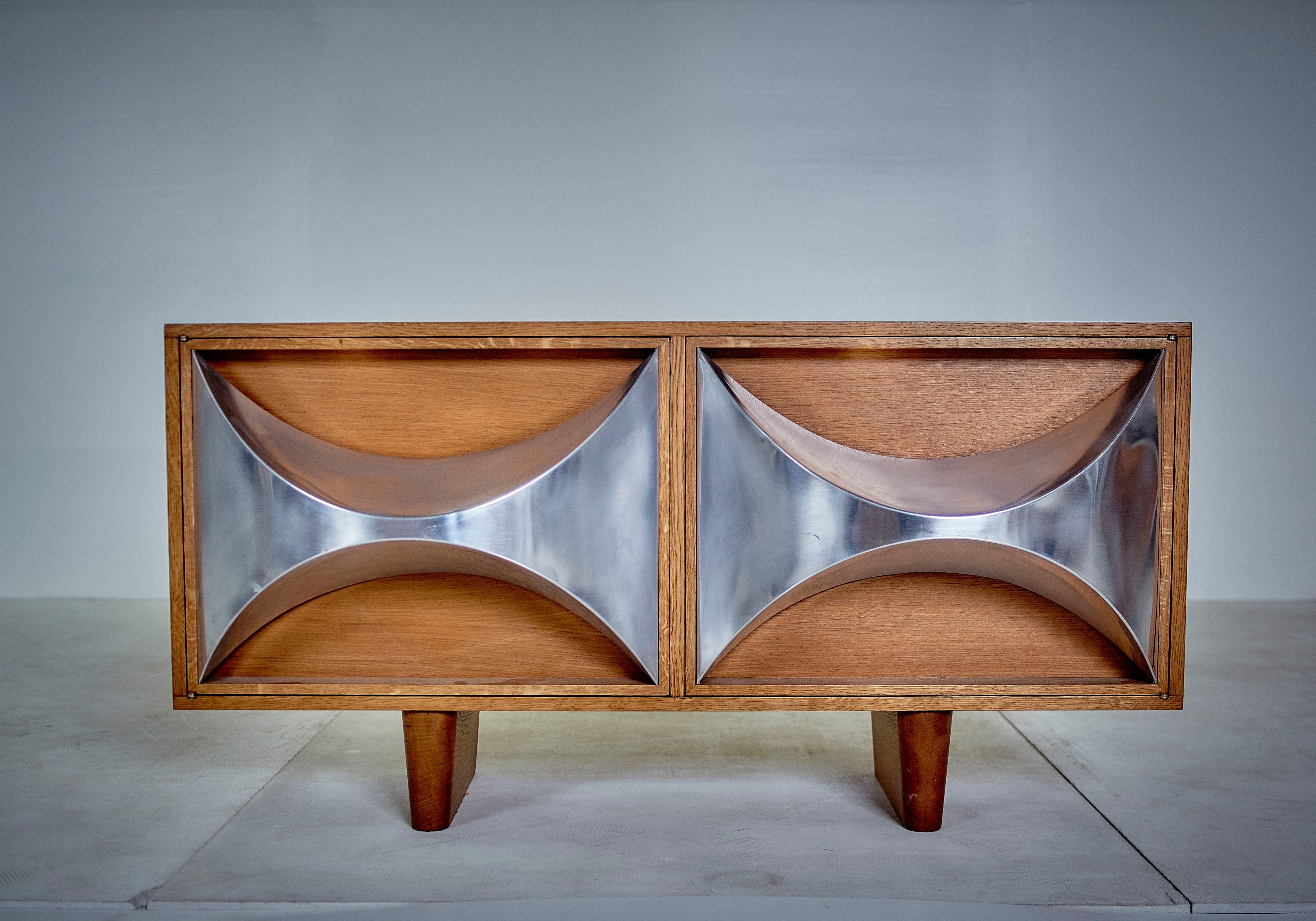 Mid-Century Modern Raphaël (Attr.) Midcentury Steel and Oak French Credenzas and Decorative Panels For Sale