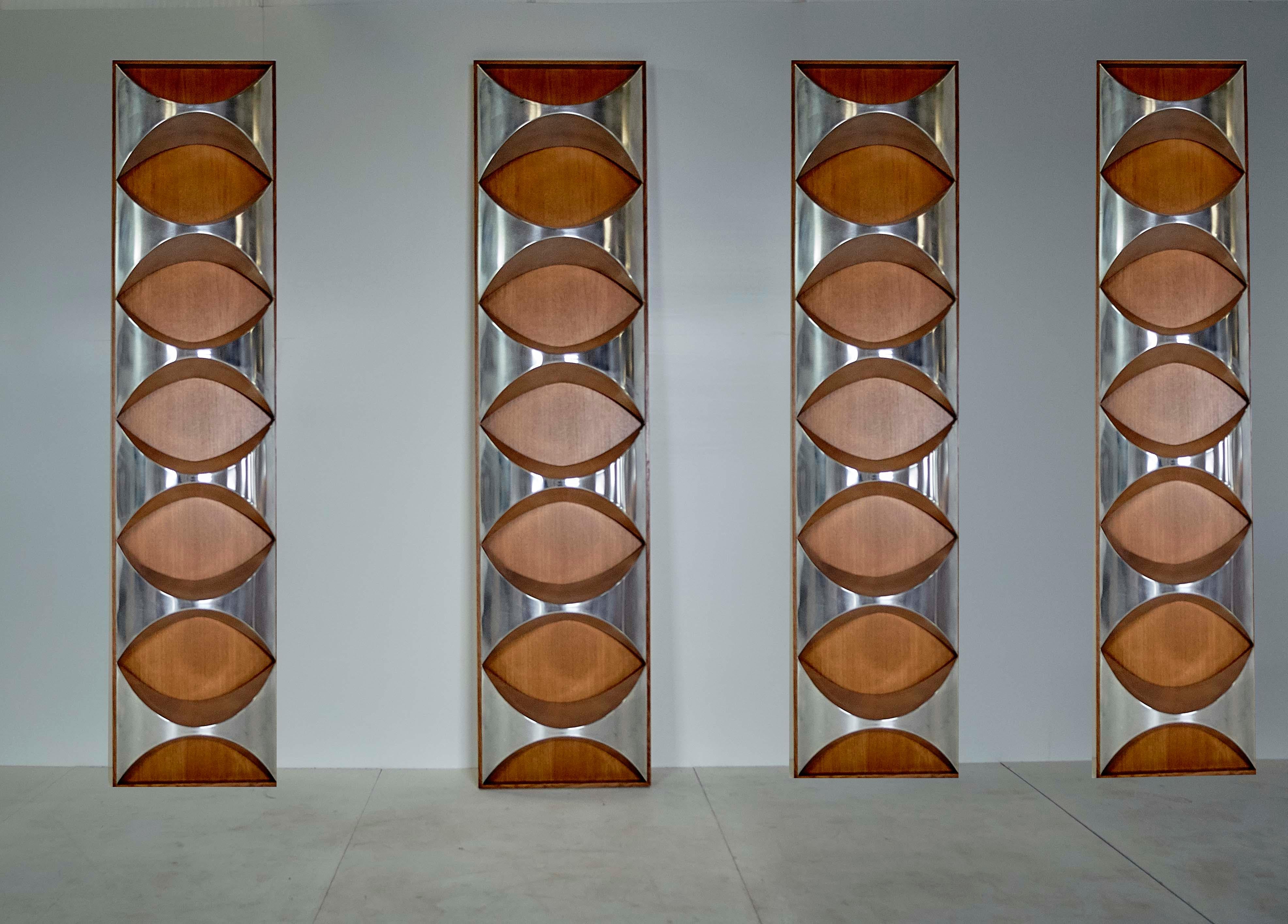 Raphaël (Attr.) Midcentury Steel and Oak French Credenzas and Decorative Panels In Good Condition For Sale In Milan, IT