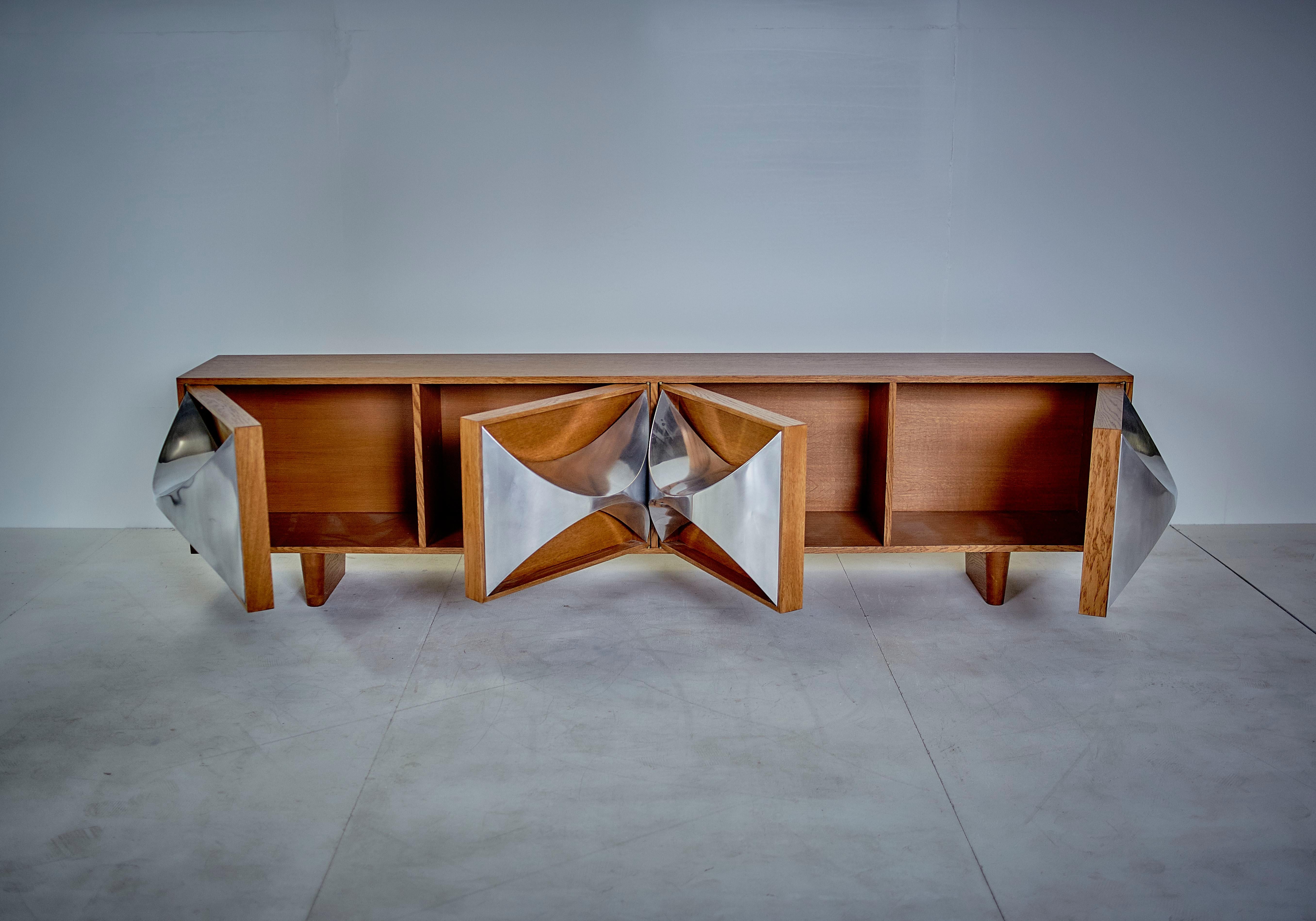 Stainless Steel Raphaël (Attr.) Midcentury Steel and Oak French Credenzas and Decorative Panels For Sale