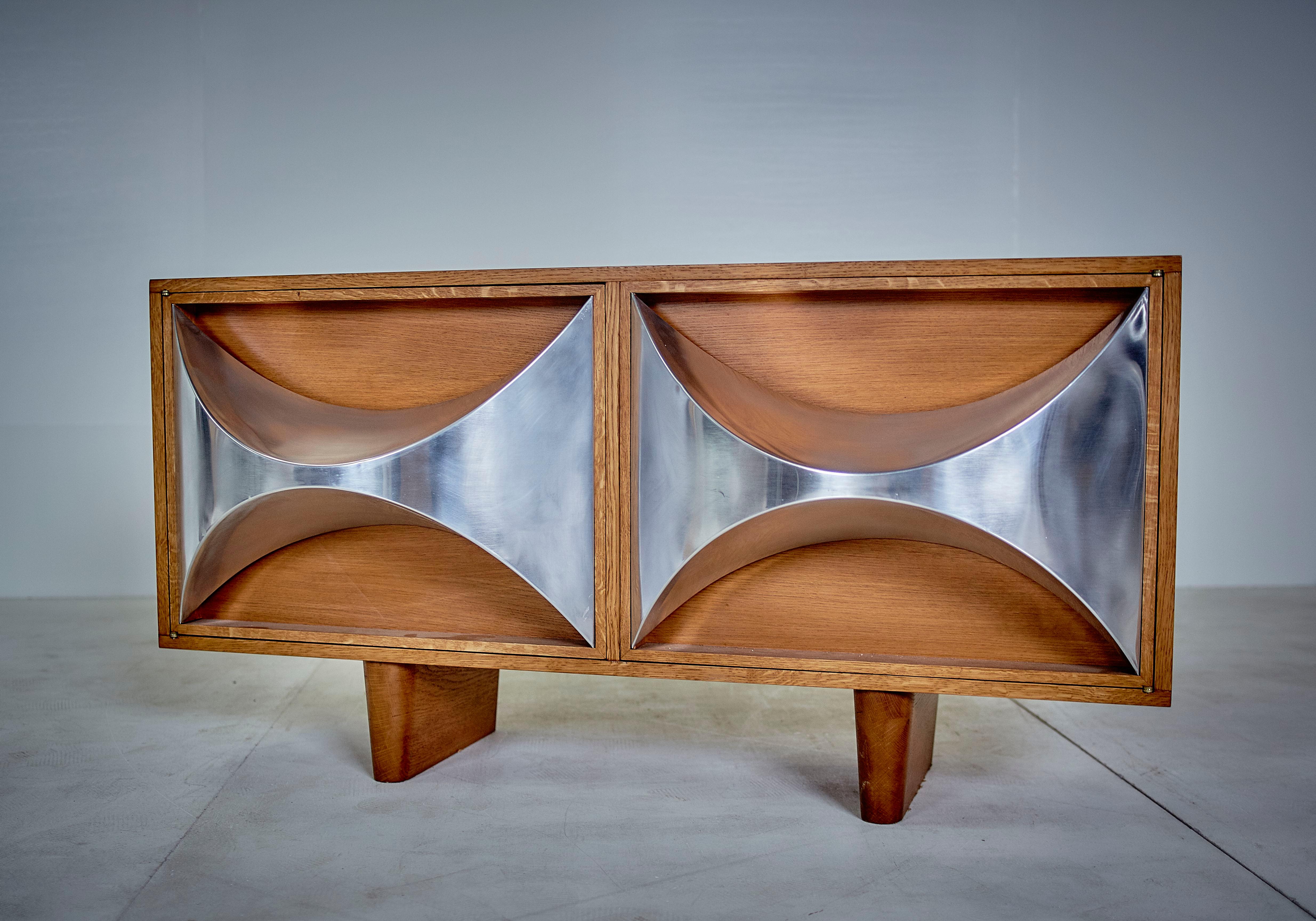 Raphaël (Attr.) Midcentury Steel and Oak French Credenzas and Decorative Panels For Sale 2