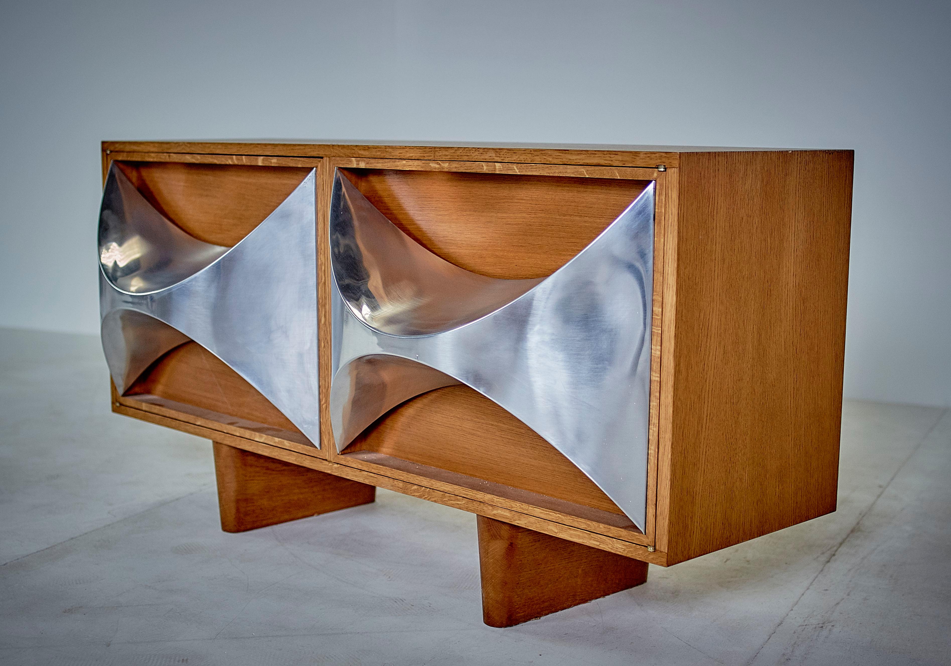 Raphaël (Attr.) Midcentury Steel and Oak French Credenzas and Decorative Panels For Sale 3