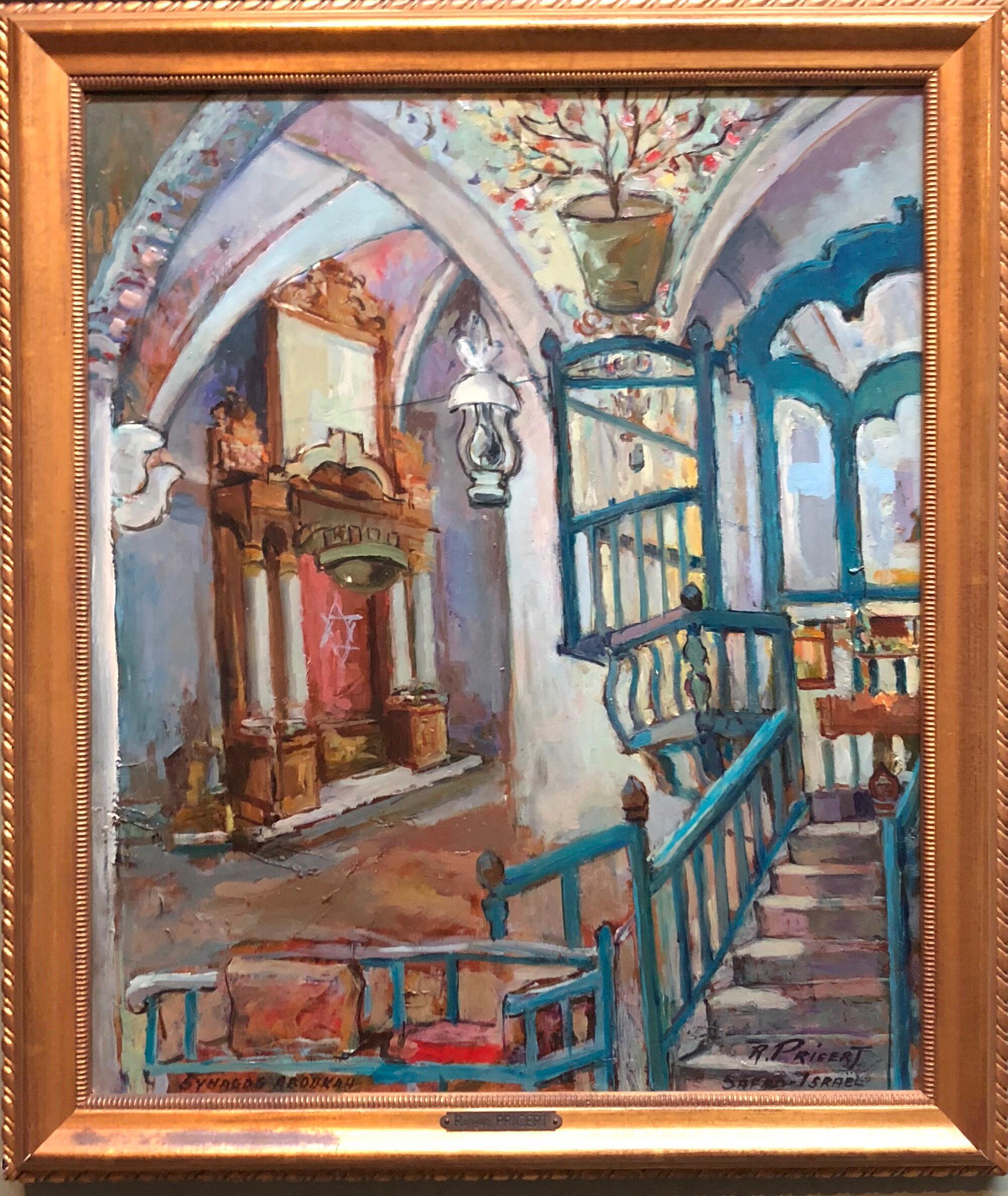 French Israeli Judaica Oil painting Old Synagogue Interior in Safed Israel - Painting by Raphael Pricert