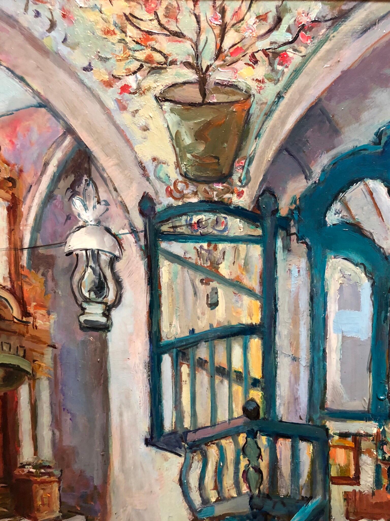 French Israeli Judaica Oil painting Old Synagogue Interior in Safed Israel - Brown Interior Painting by Raphael Pricert
