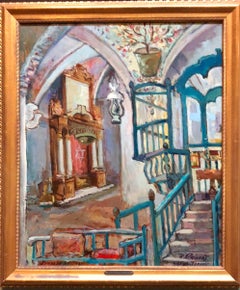 French Israeli Judaica Oil painting Old Synagogue Interior in Safed Israel