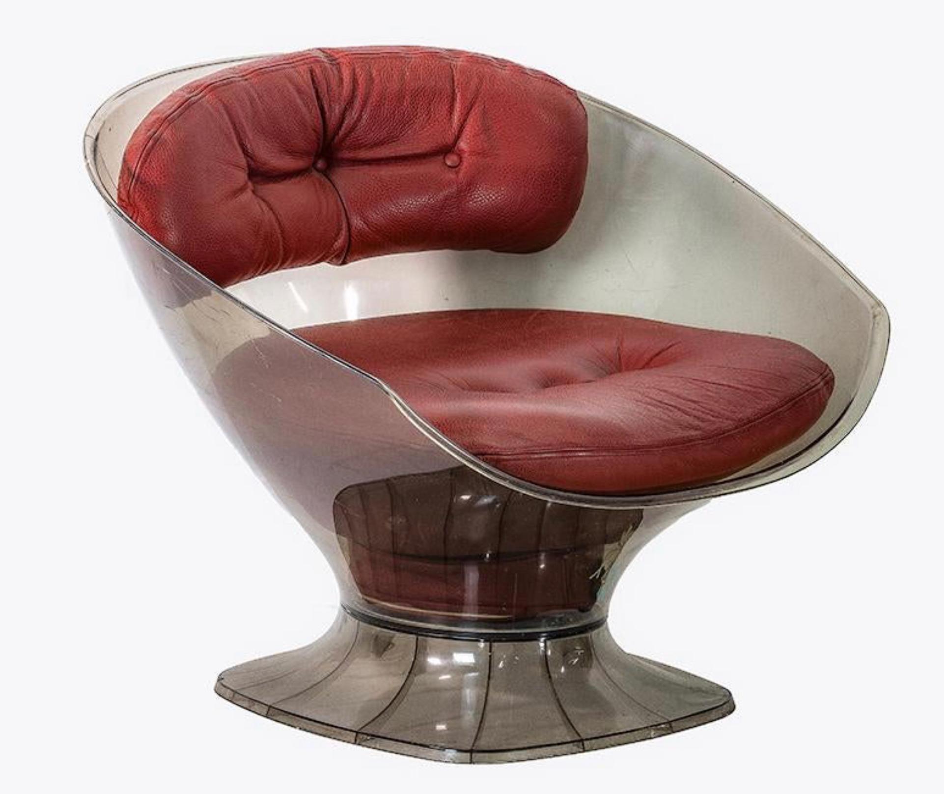 Raphael Rafael French modern Smokey Lucite club tub chair, dark red / burgundy leather / leatherette, 1960s.