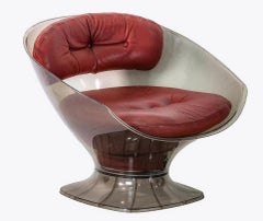 Raphael Rafael French Modern Smokey Lucite Club Tub Chair, Red, Leather, 1960s