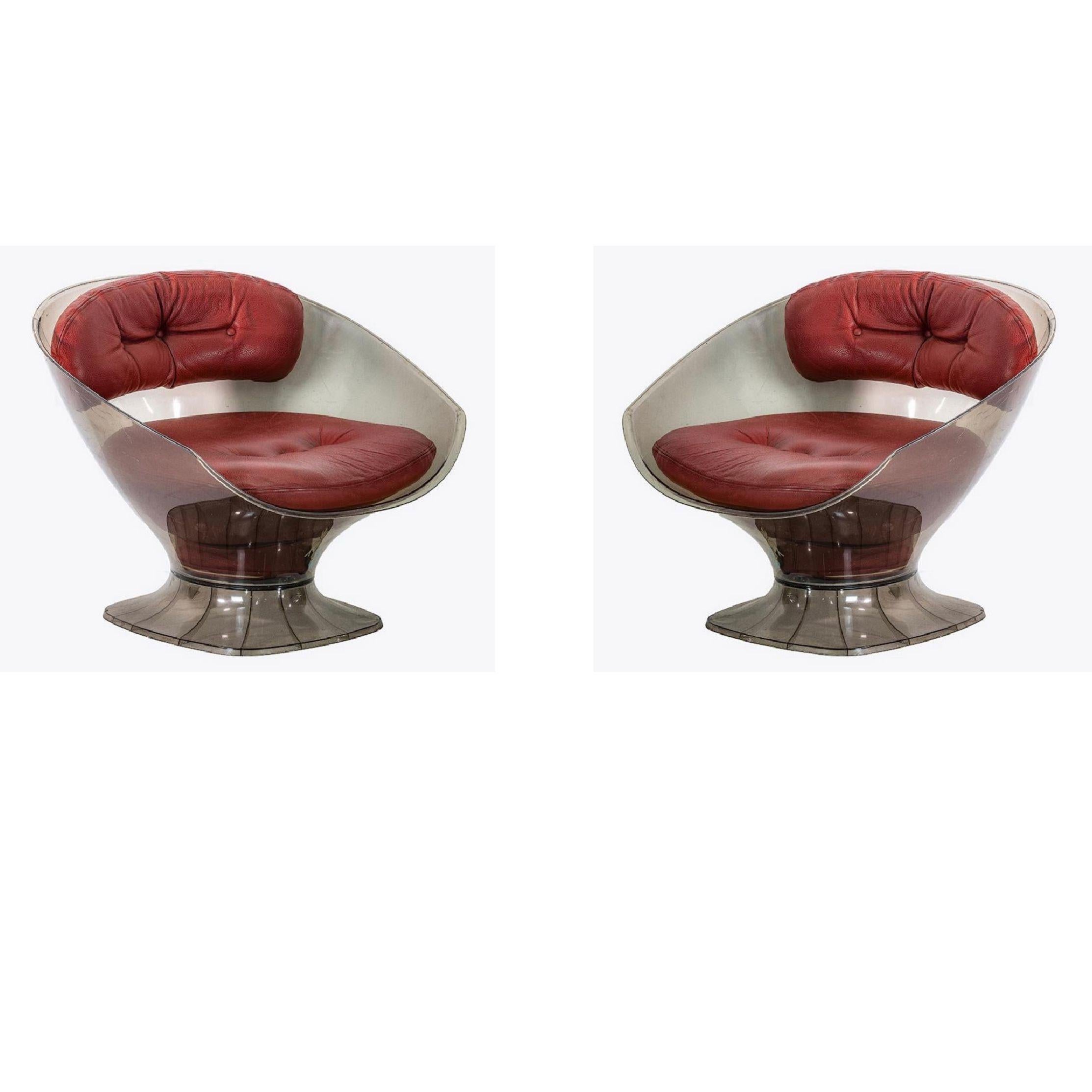 Mid-Century Modern Raphael Rafael French Modern Smokey Lucite Club Tub Chair, Red, Leather, 1960s