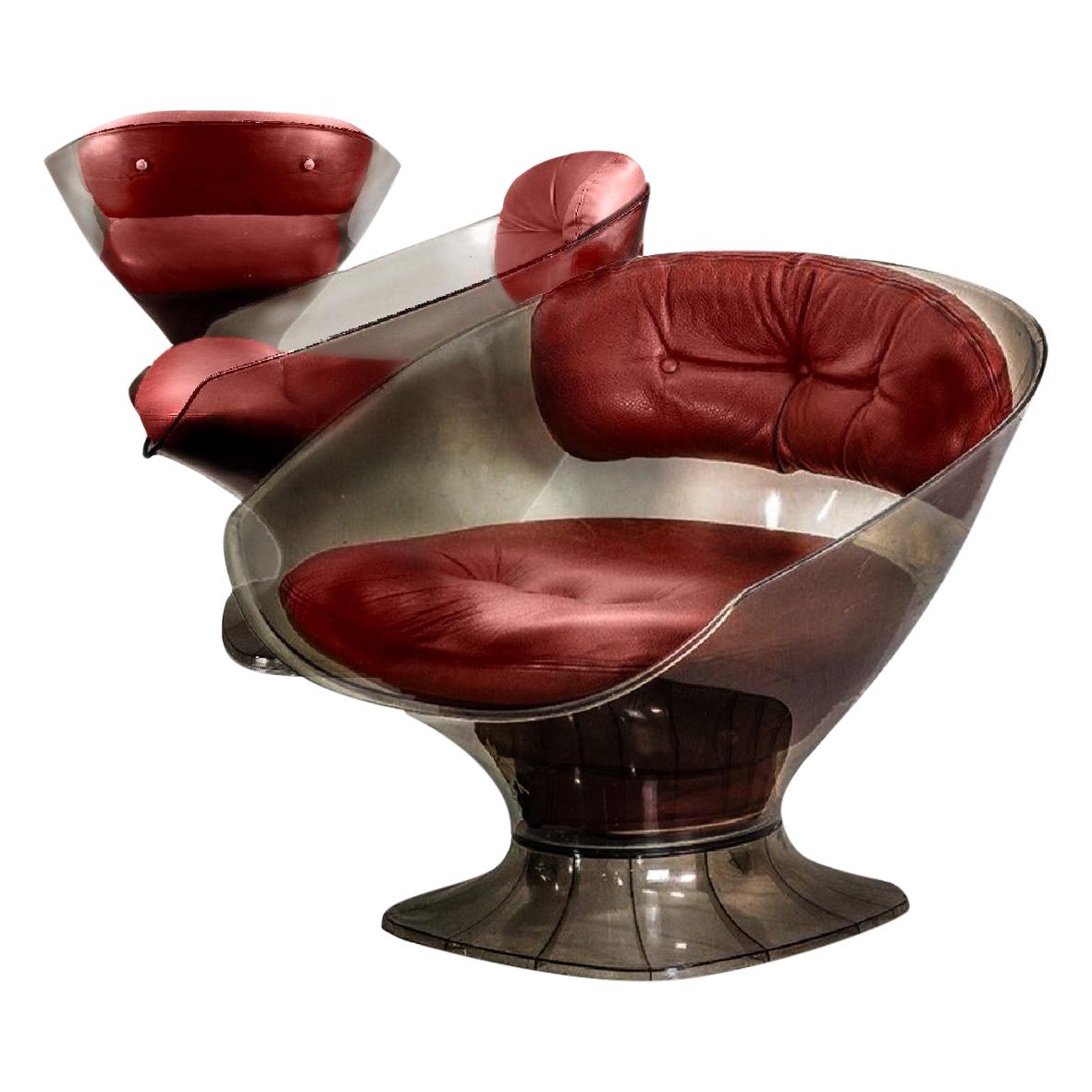 Raphael Rafael French Modern Smokey Lucite Club Tub Chair, Red, Leather, 1960s