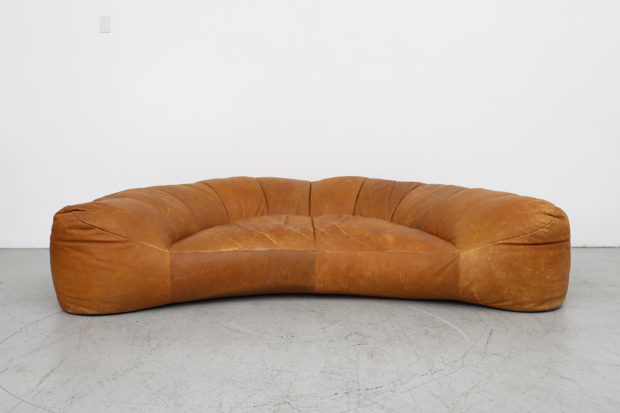 Mid-Century Modern Raphael Raffel Cognac Leather Croissant Sofa for Honore Paris, 1970's