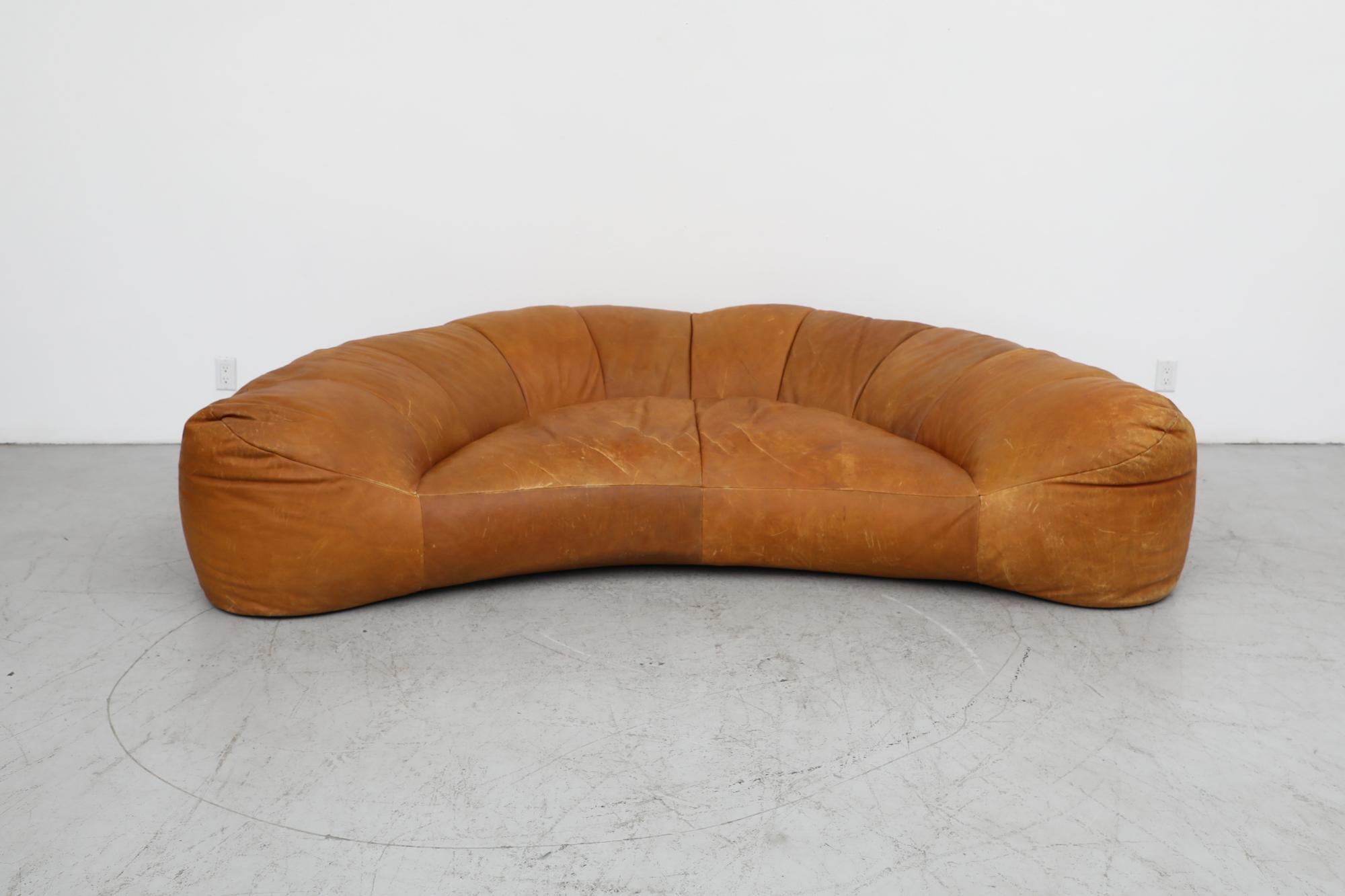 Raphael Raffel Cognac Leather Croissant Sofa for Honore Paris, 1970's In Good Condition In Los Angeles, CA
