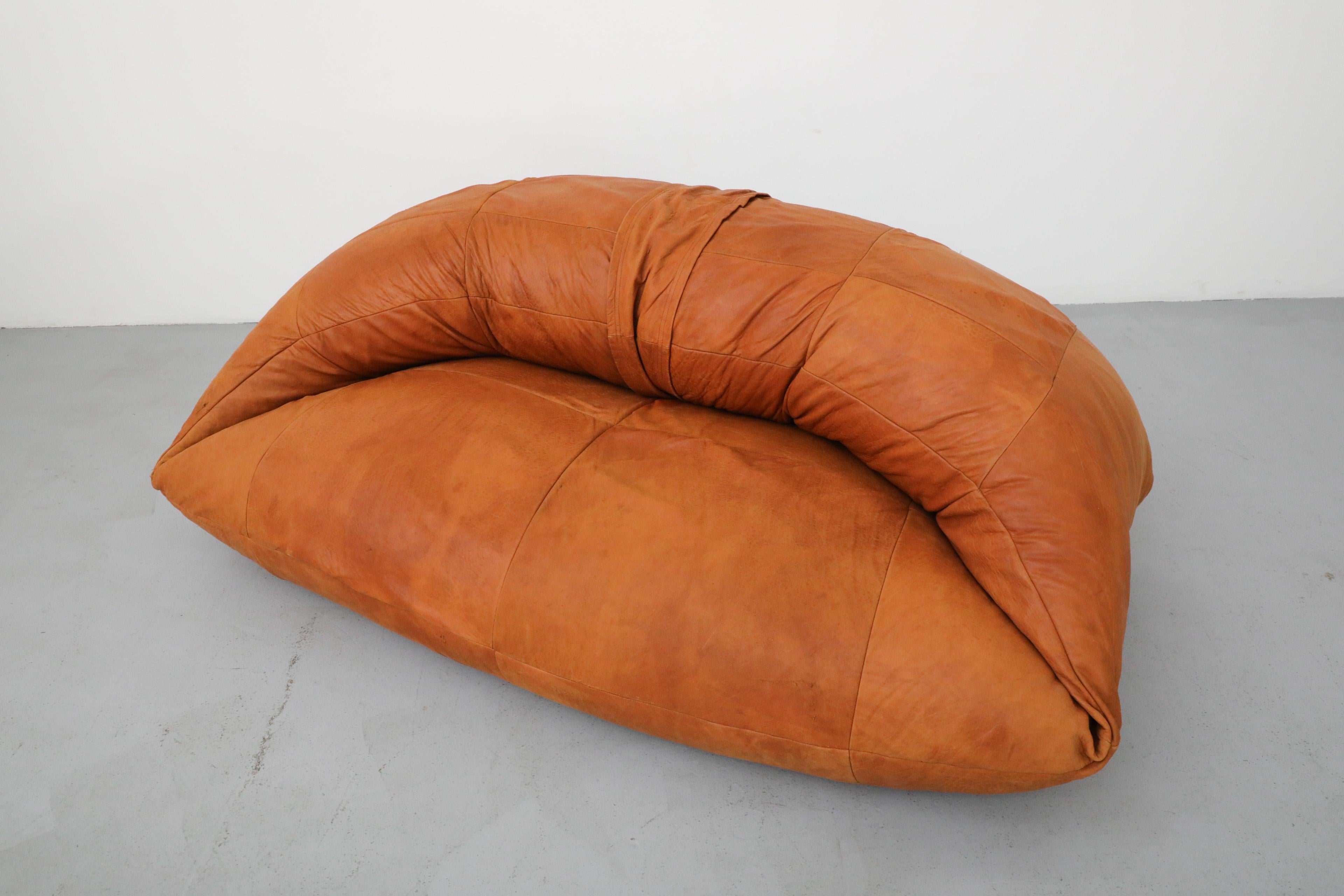 Raphael Raffel Cognac Leather Mini Croissant Sofa for Honore Paris, 1970's 5