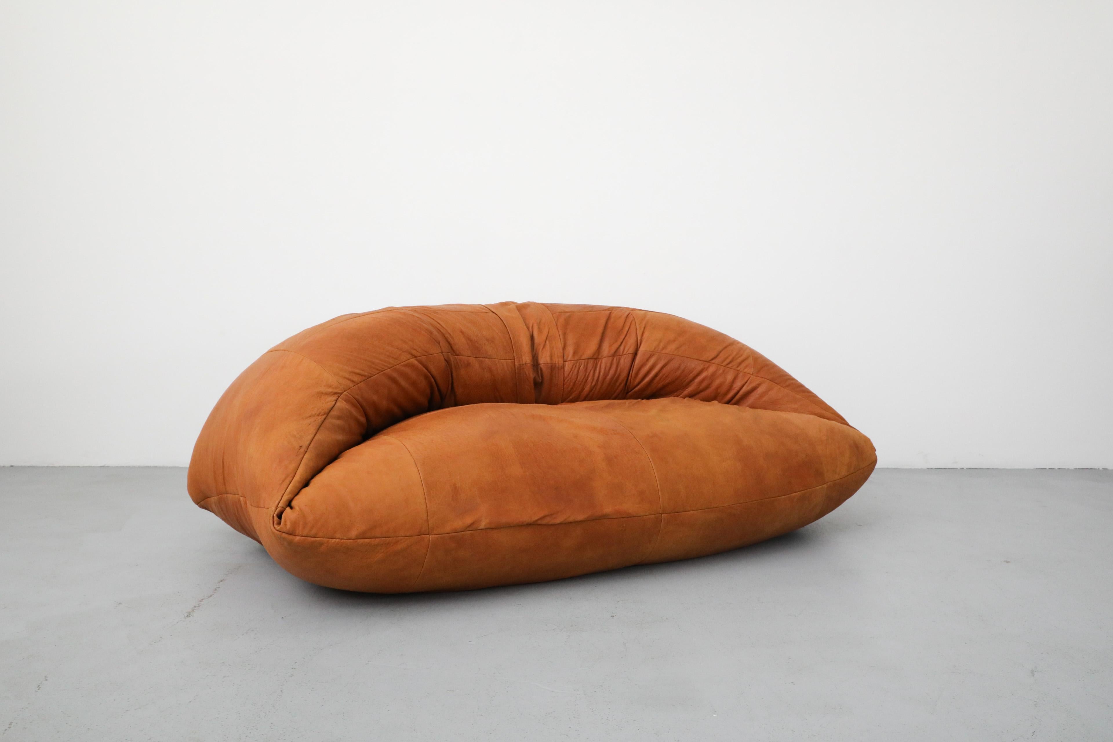Mid-Century Modern Raphael Raffel Cognac Leather Mini Croissant Sofa for Honore Paris, 1970's